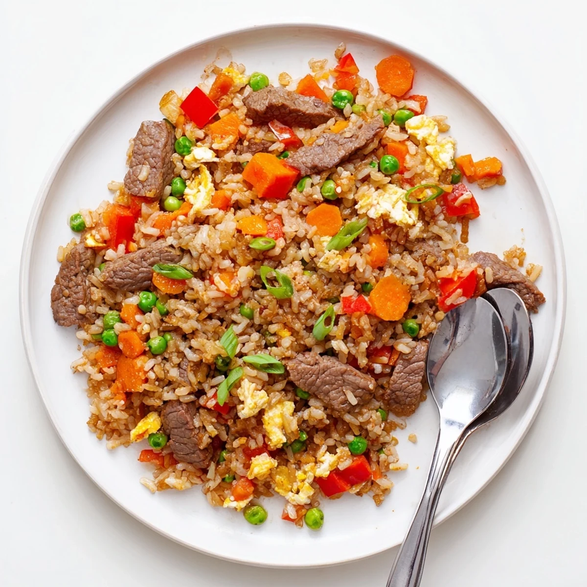 Beef Fried Rice with Vegetables plated alongside chopsticks and a small dish of soy sauce, ready for a delicious weeknight meal.