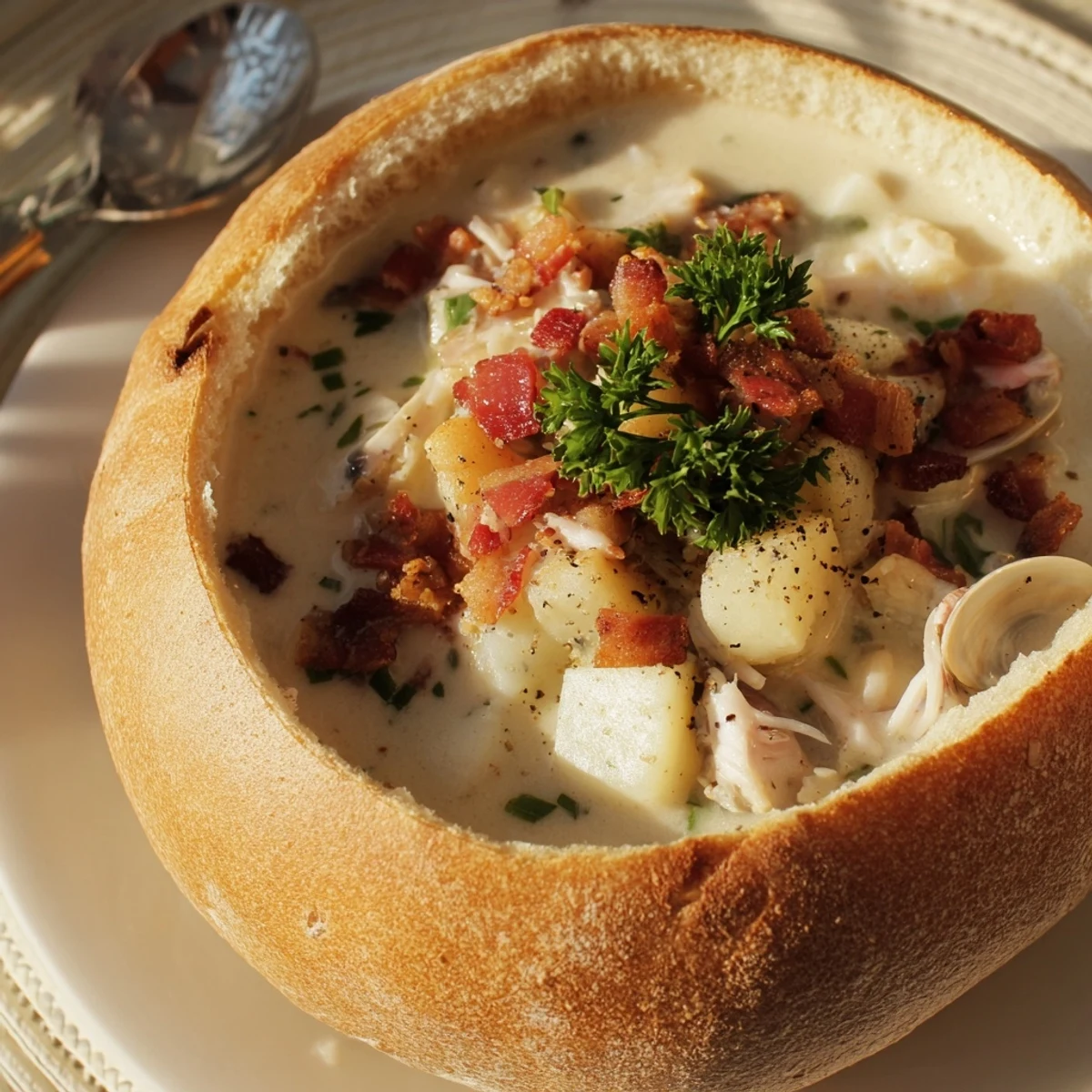 A close-up of Creamy Clam Chowder in a Sourdough Bowl, brimming with tender clams, diced potatoes, and smoky bacon pieces.