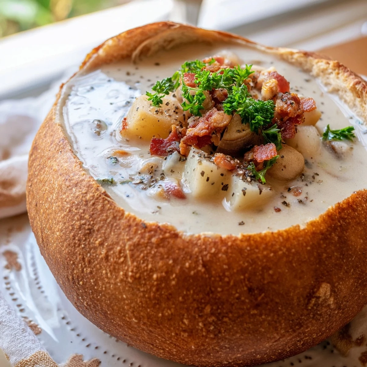 Steaming Creamy Clam Chowder in a Sourdough Bowl is served fresh, topped with parsley and black pepper, ready for a comforting meal.