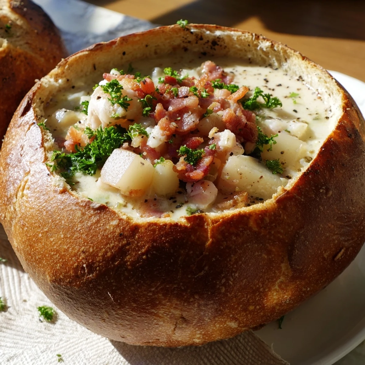 Hearty New England Creamy Clam Chowder in a Sourdough Bowl features a rich, creamy broth and a hollowed-out, crusty bread interior.