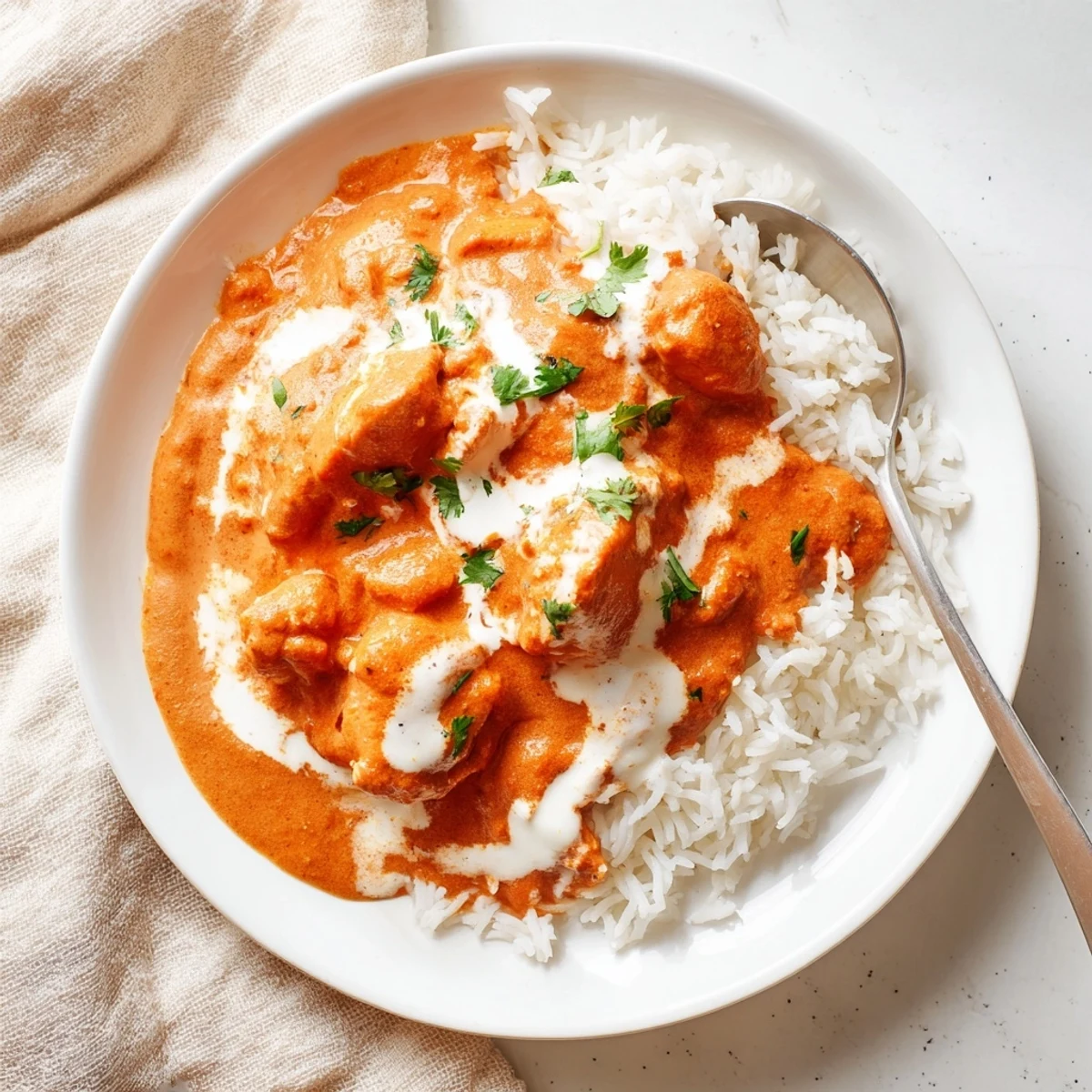 Sizzling chicken tikka masala with tender grilled pieces in a creamy, aromatic tomato sauce served over fluffy basmati rice.