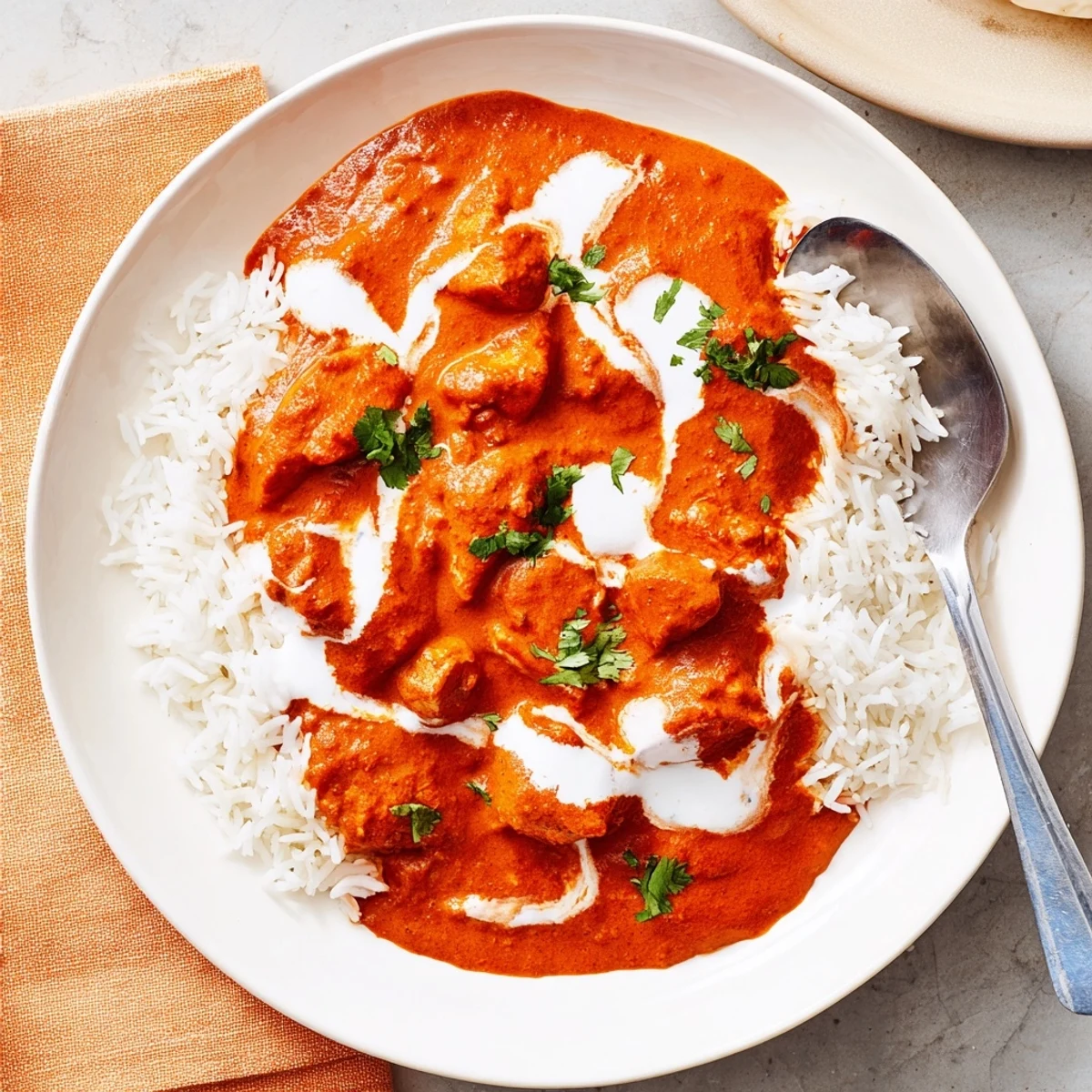 A close-up of vibrant chicken tikka masala spooned onto fluffy basmati rice, garnished with fresh cilantro and a drizzle of cream.