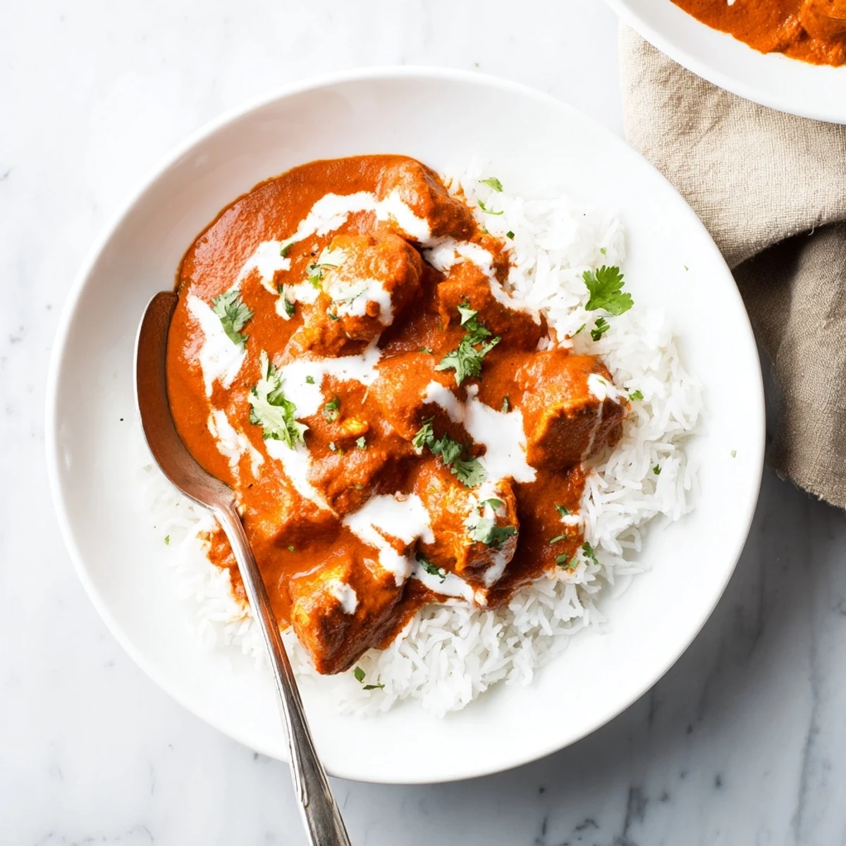 Colorful plate of homemade chicken tikka masala with rich red sauce beside fluffy basmati rice, perfect for weeknight dinners.