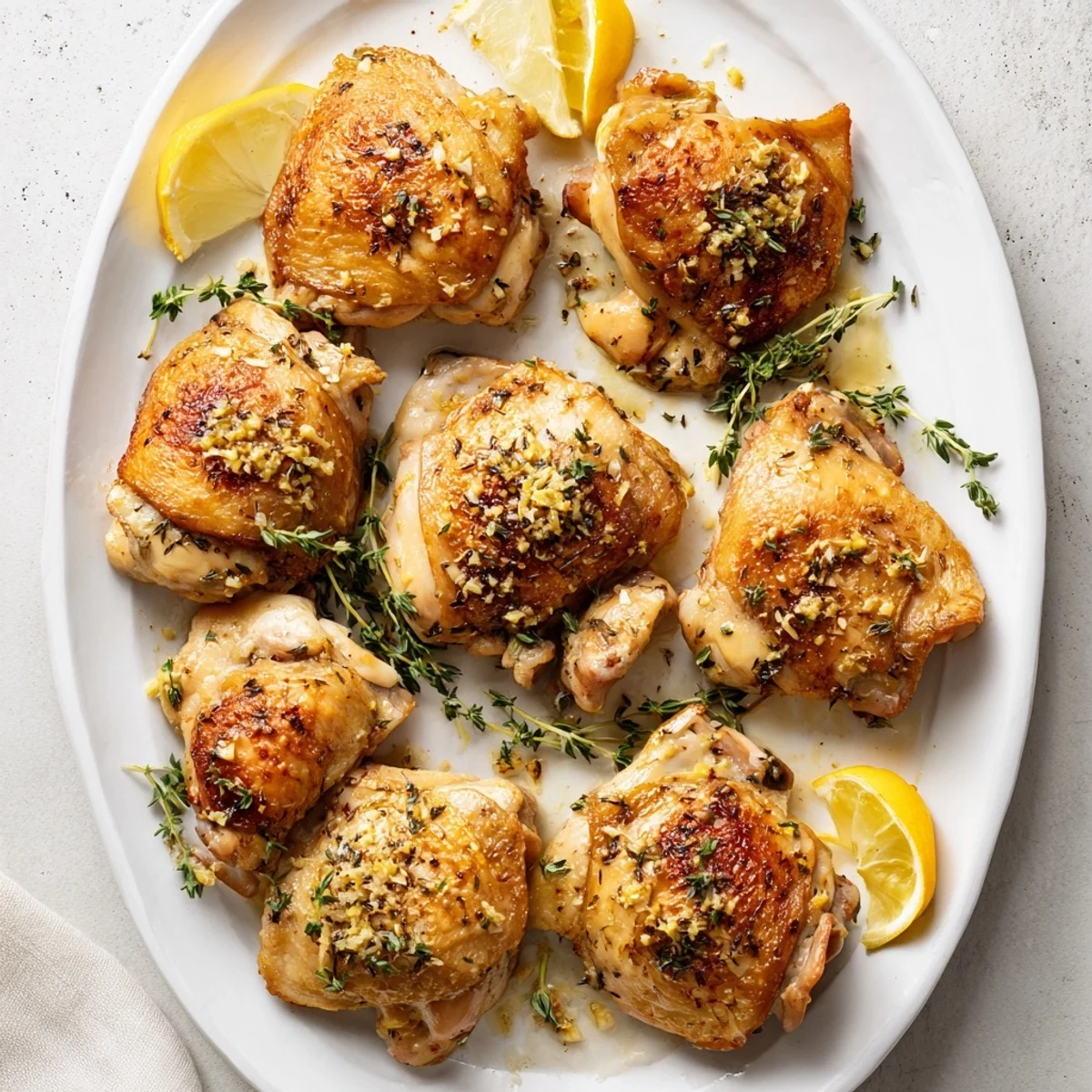 A close-up of juicy Lemon Garlic Roasted Chicken Thighs reveals tender meat and aromatic herbs in a savory lemon-garlic marinade.  