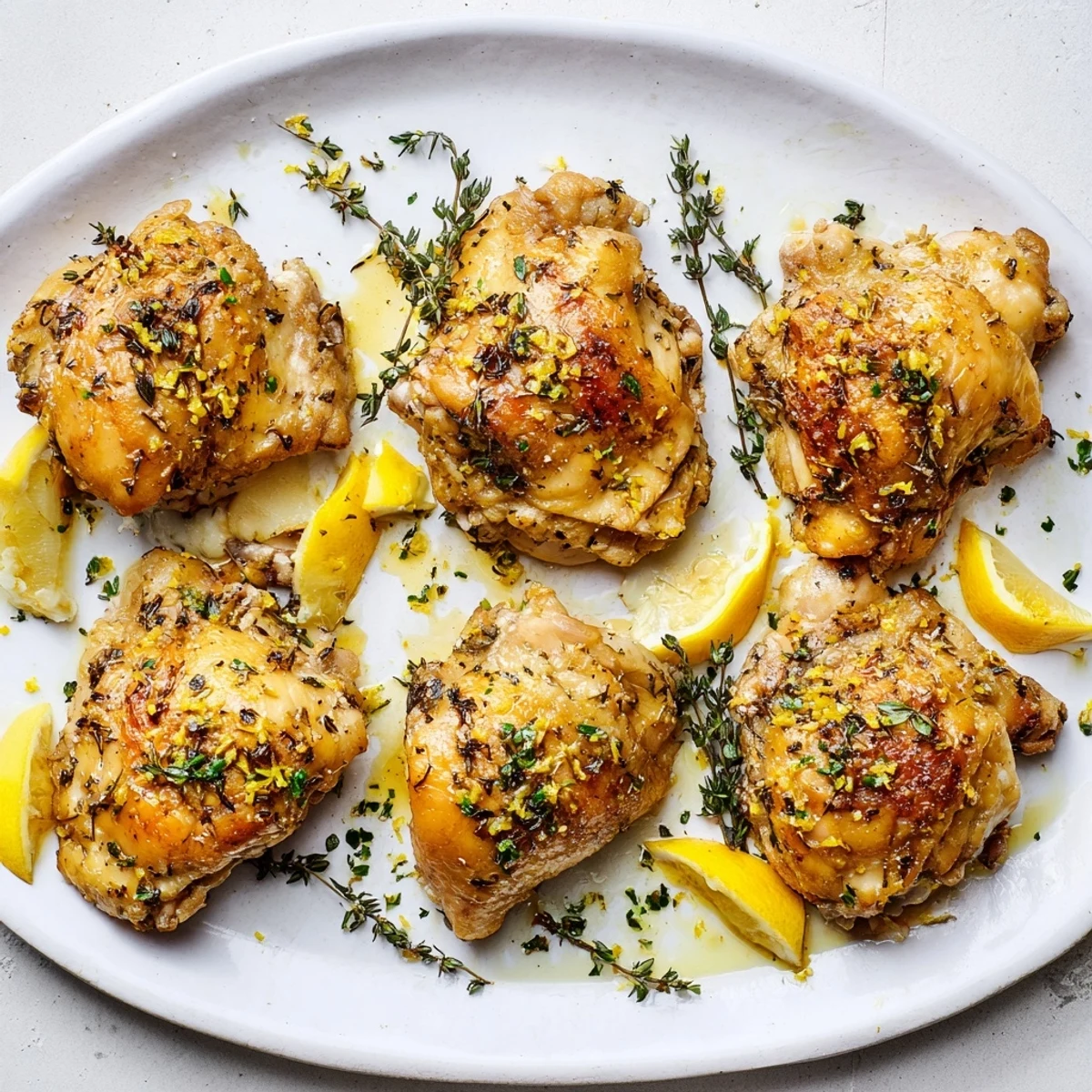 Perfectly roasted Lemon Garlic Roasted Chicken Thighs served alongside roasted potatoes and a fresh green salad for a weeknight meal.