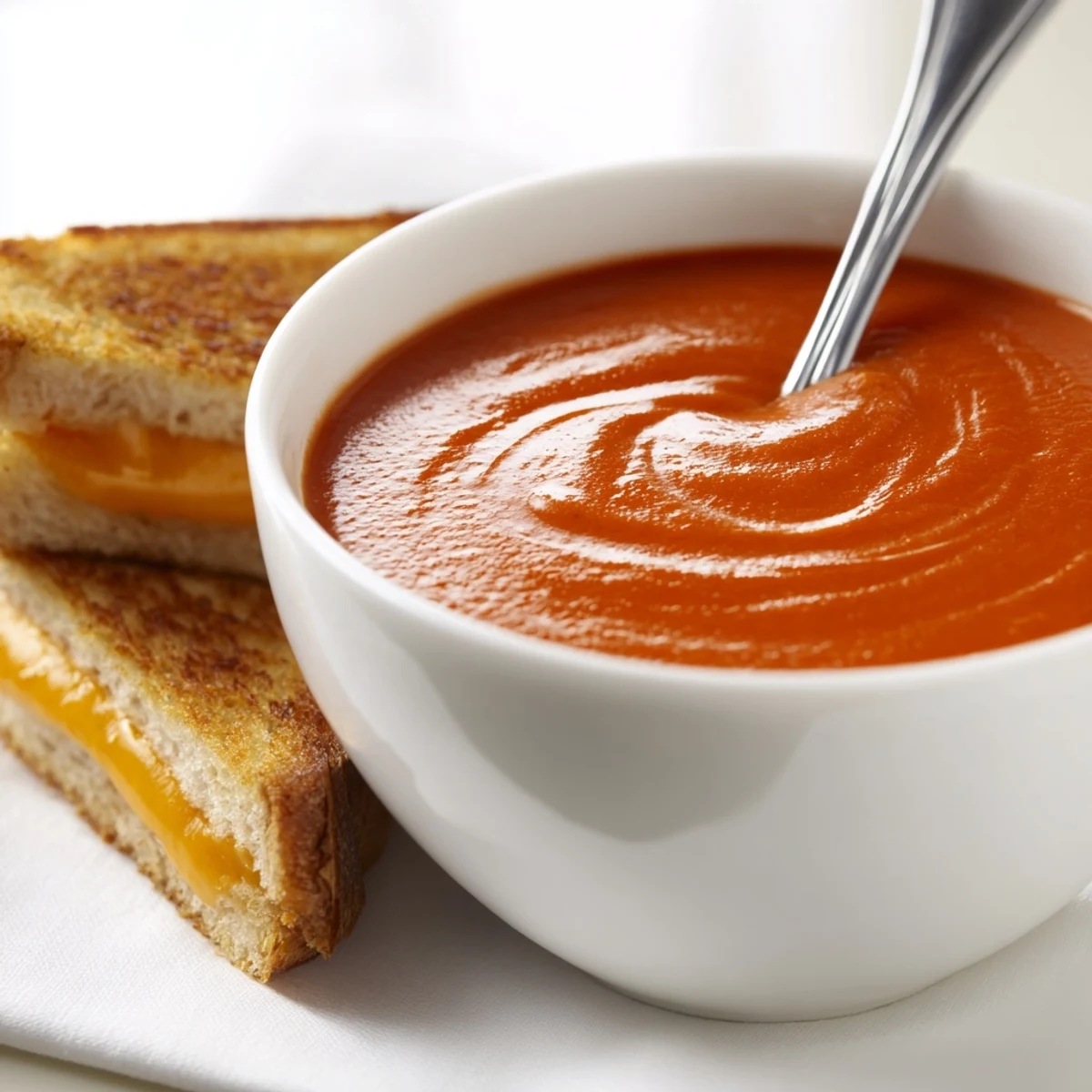 A close-up of homemade creamy tomato soup and grilled cheese dippers, highlighting the melted cheddar inside the buttery, toasted sandwich strips alongside the rich, smooth soup.