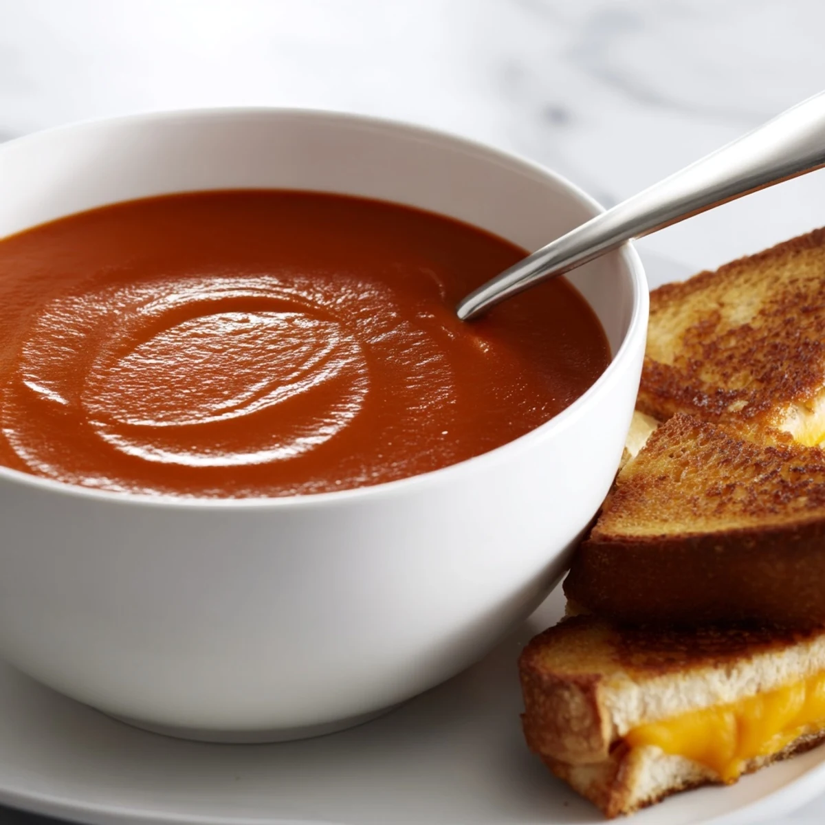 Creamy tomato soup with grilled cheese dippers served in a rustic white bowl, steam rising from the velvety red soup and golden, crispy bread strips for dipping.