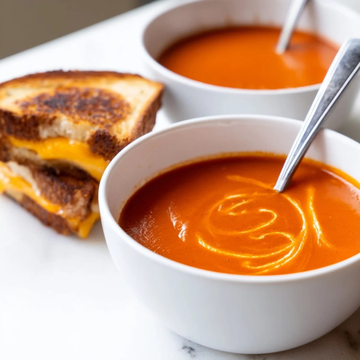 Family-style serving of creamy tomato soup with grilled cheese dippers, perfect for cozy weeknights, with a ladle and fresh basil garnish on a wooden table.