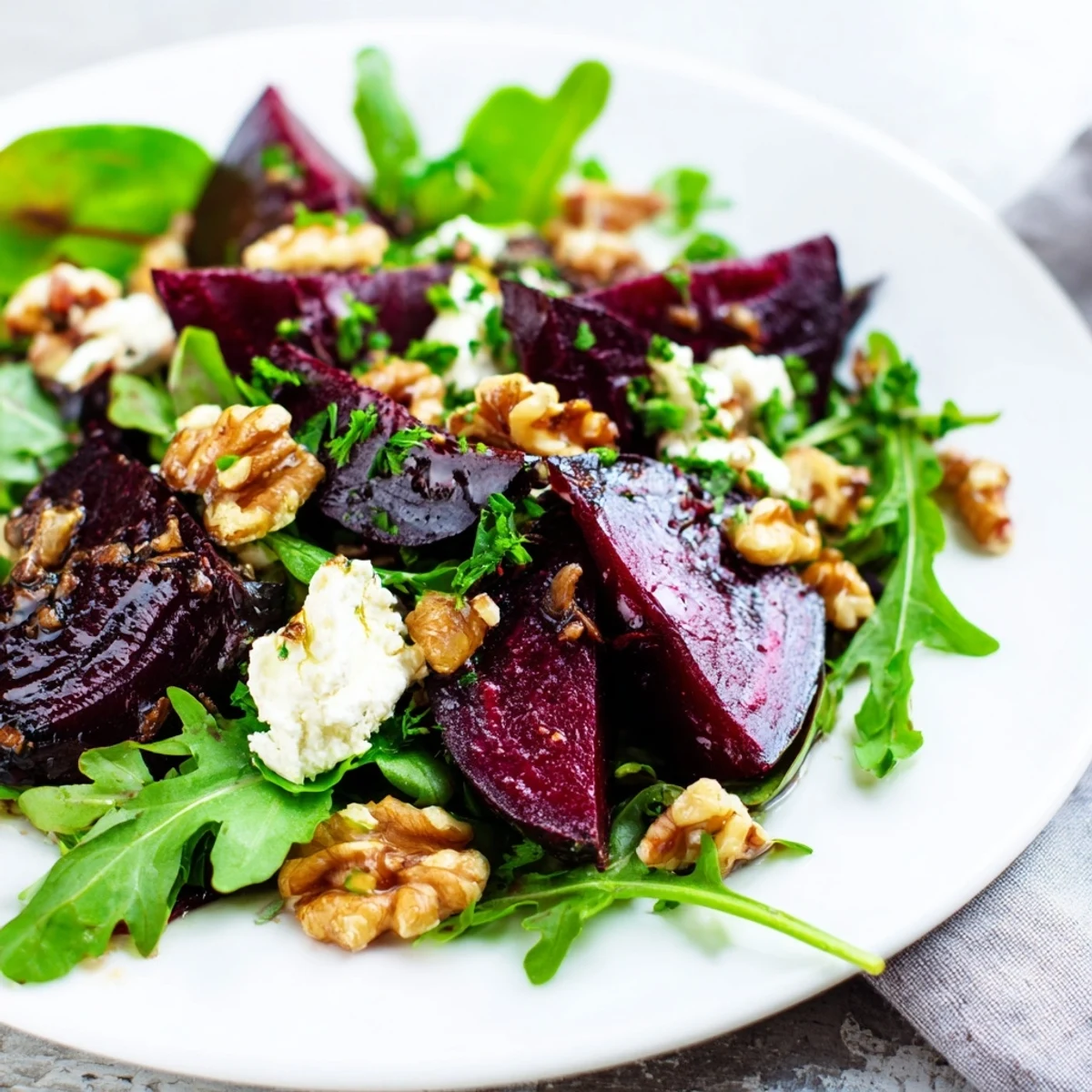 Roasted beet salad with goat cheese on a platter, showcasing deep red roasted beet wedges, crumbled white cheese, and toasted walnuts with greens.