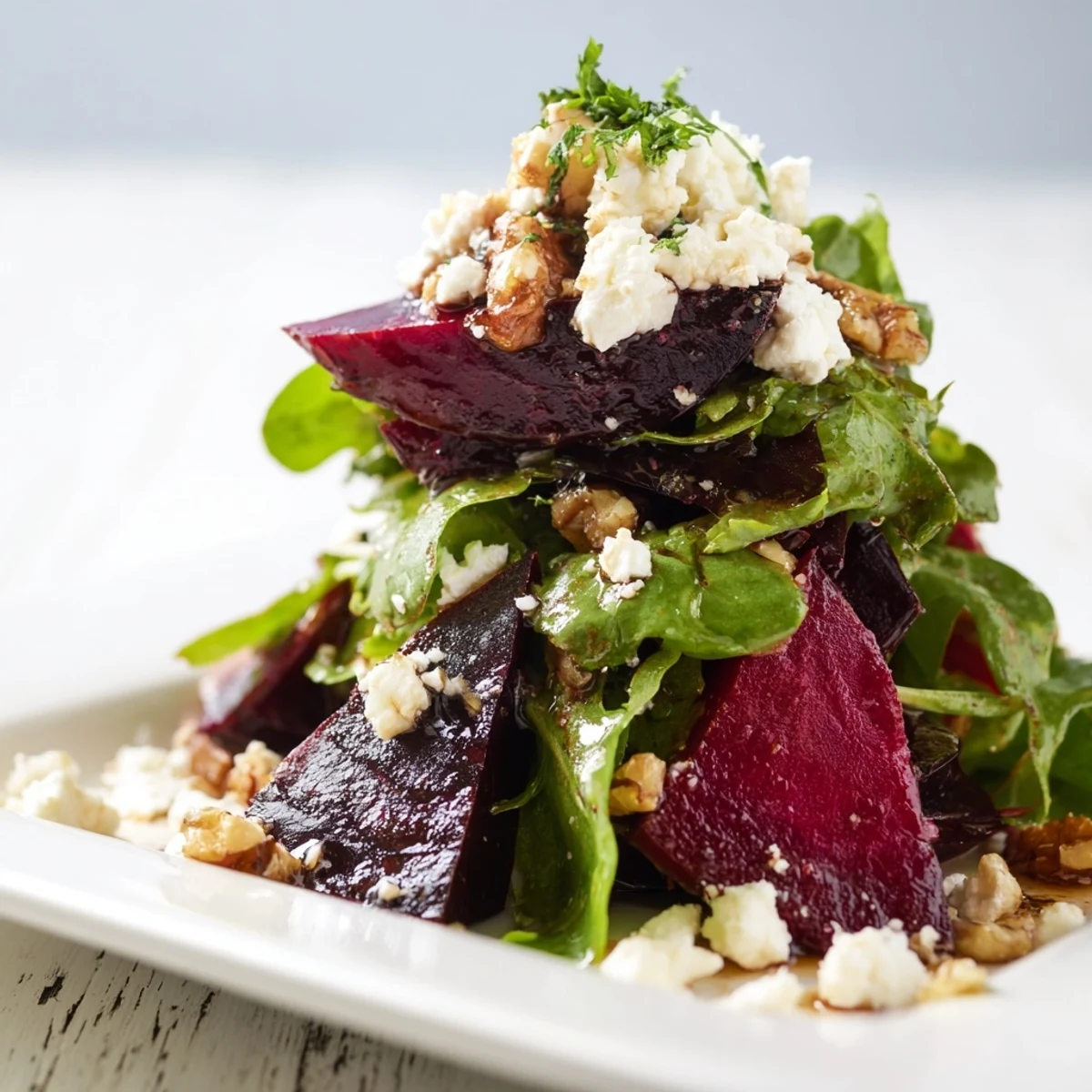 Sliced roasted beets and creamy goat cheese mingle with crunchy walnuts on mixed greens, dressed in balsamic vinaigrette for a fresh, savory finish.
