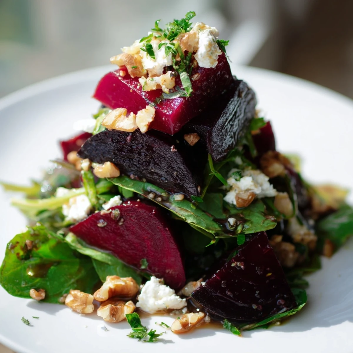 A plated Roasted Beet Salad with Goat Cheese highlights glossy beet slices, walnuts, and herbs, ideal for serving alongside grilled chicken or fish.