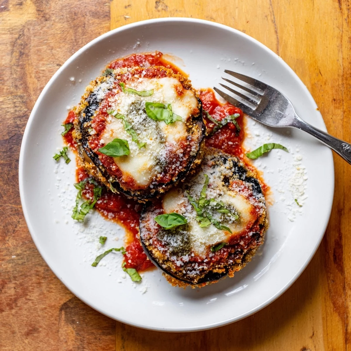 Golden-brown, crispy baked eggplant parmesan slices layered with rich marinara and bubbling mozzarella, ready to serve.