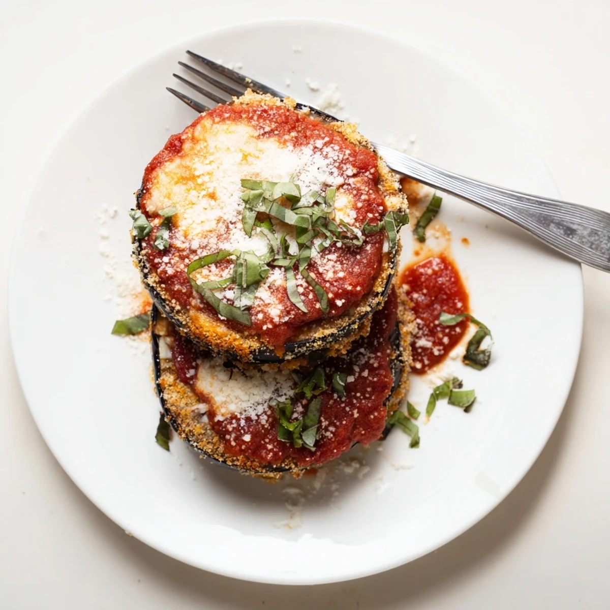 Freshly baked eggplant parmesan in a ceramic dish, topped with vibrant green basil and melted cheese.