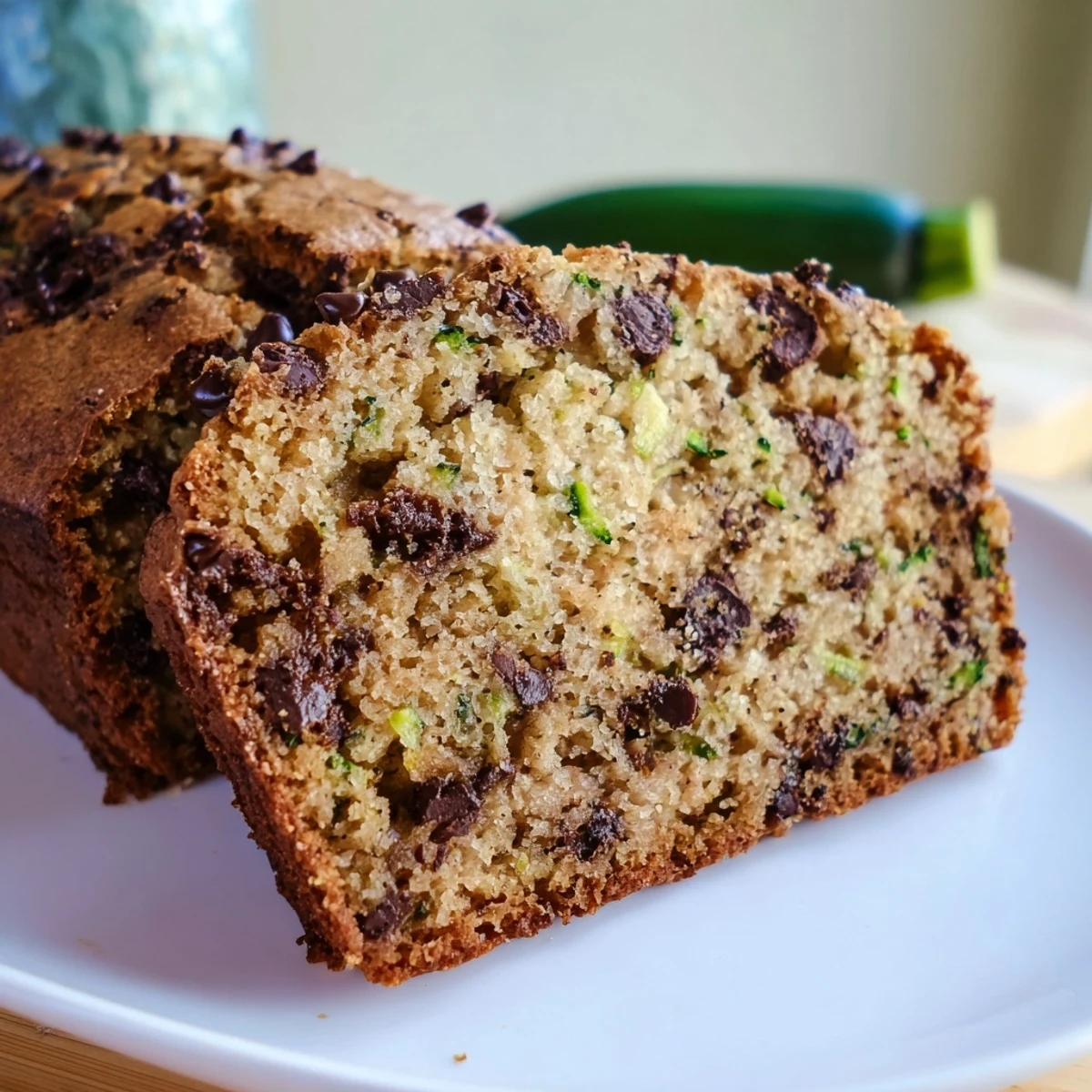 Thick slice of Chocolate Chip Zucchini Bread served on a white plate near a cup of coffee and fresh zucchini.