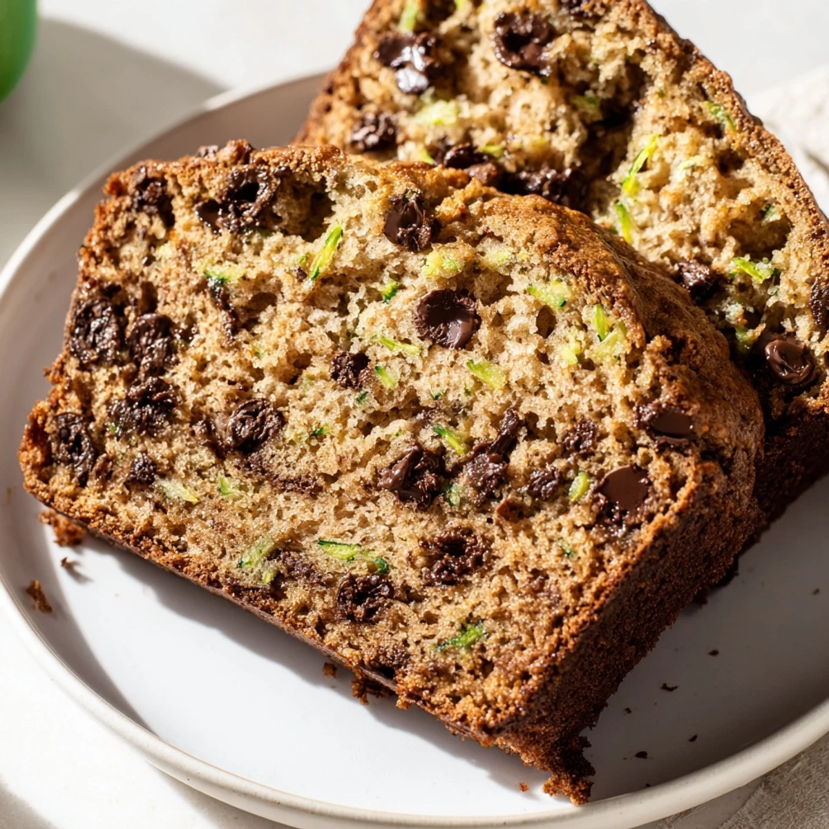 Chocolate Chip Zucchini Bread cooling on a wire rack with scattered chocolate chips and shredded zucchini around the loaf.