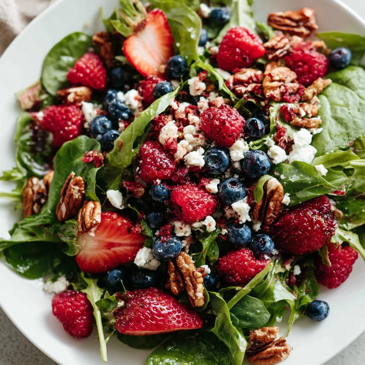 Glistening bowl of Sweetheart Berry Salad featuring ripe strawberries, blueberries, and raspberries over crisp greens. 