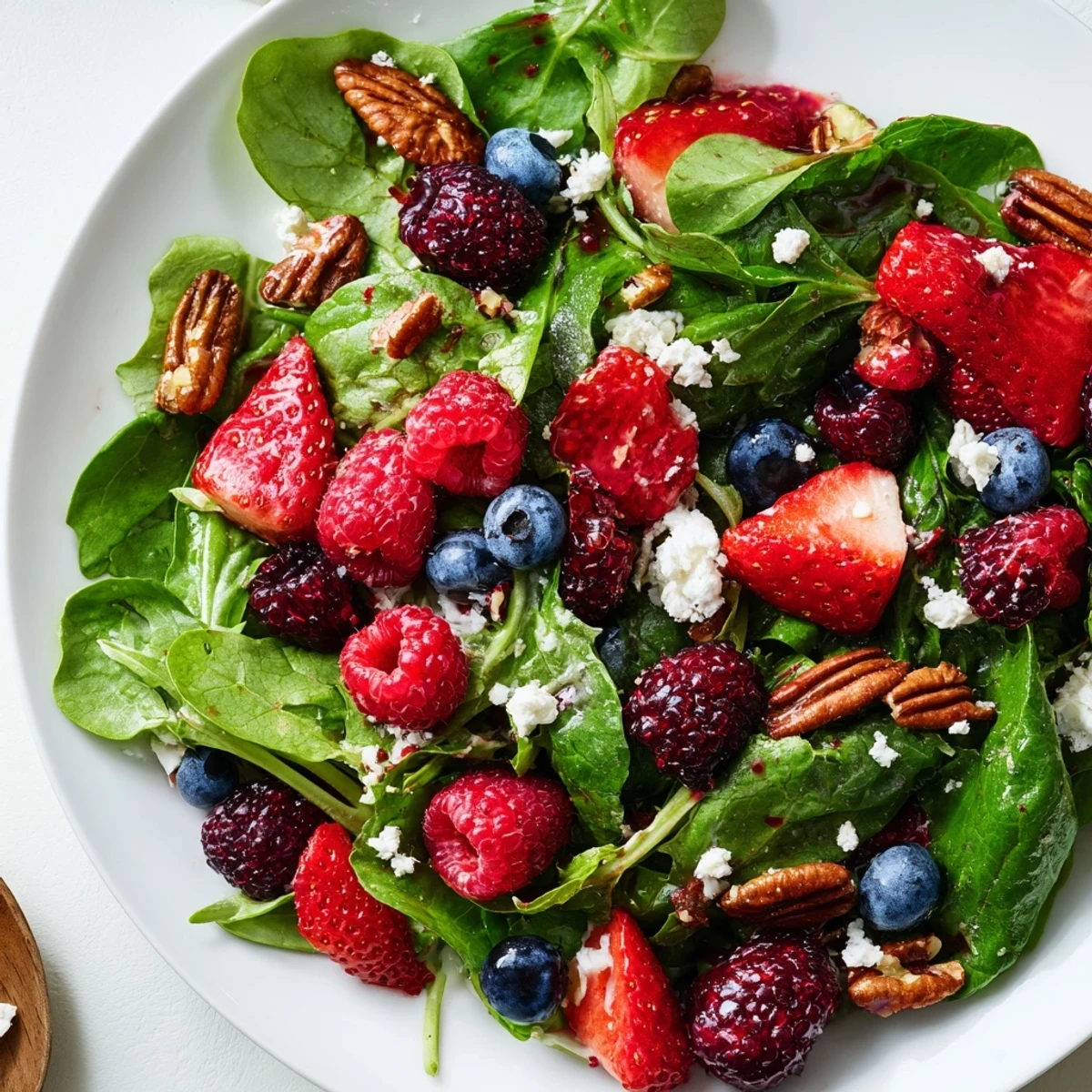 Freshly tossed Sweetheart Berry Salad with poppy seed dressing, topped with crumbled feta and candied pecans. 