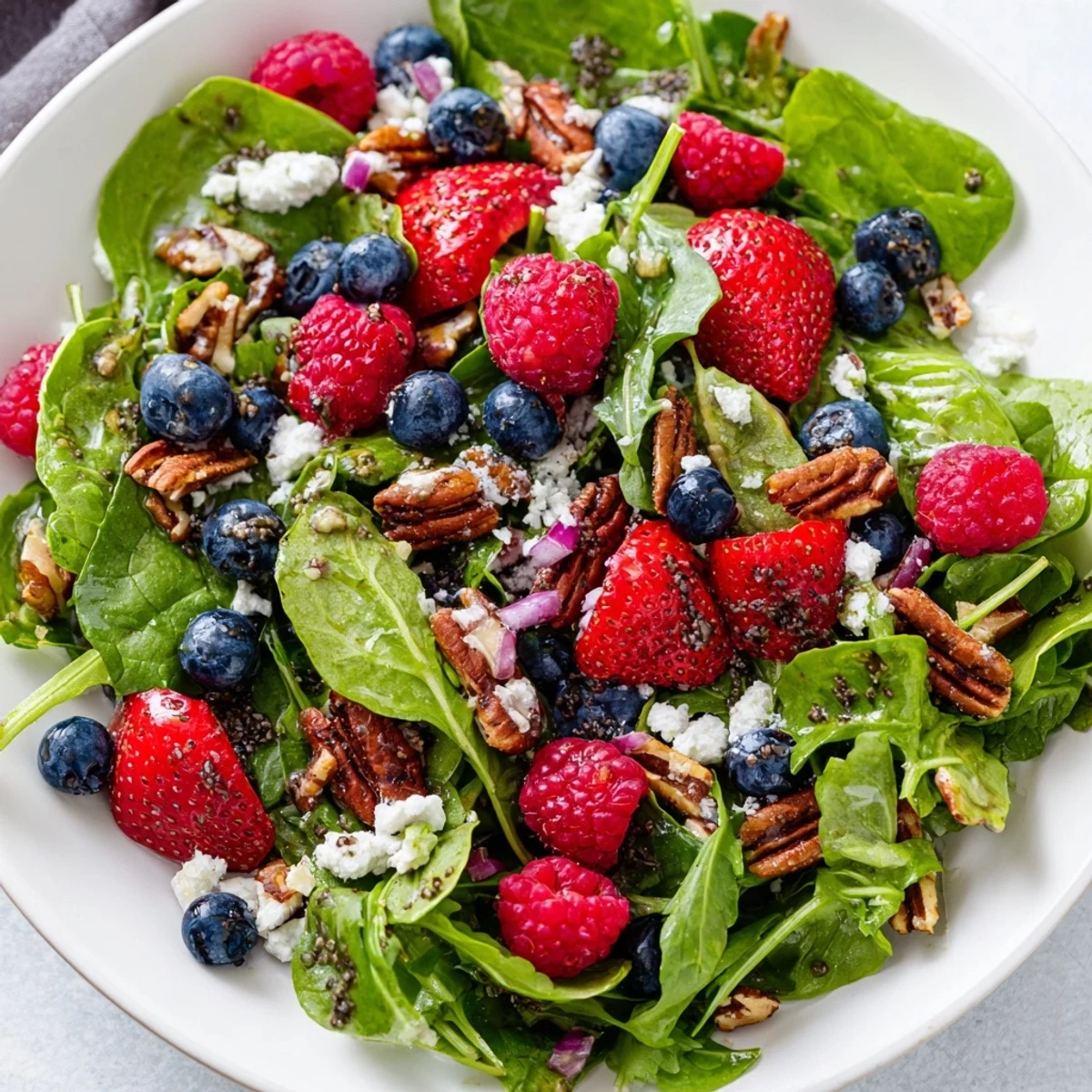 Close-up of Sweetheart Berry Salad highlighting glistening berries, feta crumbles, and candied pecans on greens.
