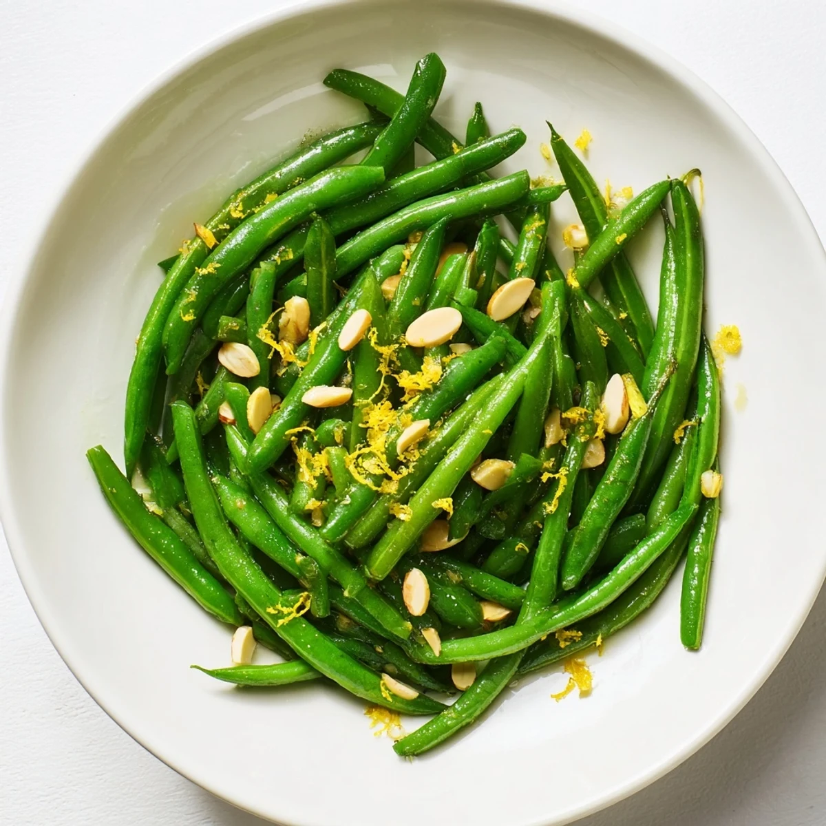 A white bowl of crisp green beans with lemon and almonds beside grilled chicken makes a vibrant side dish.  