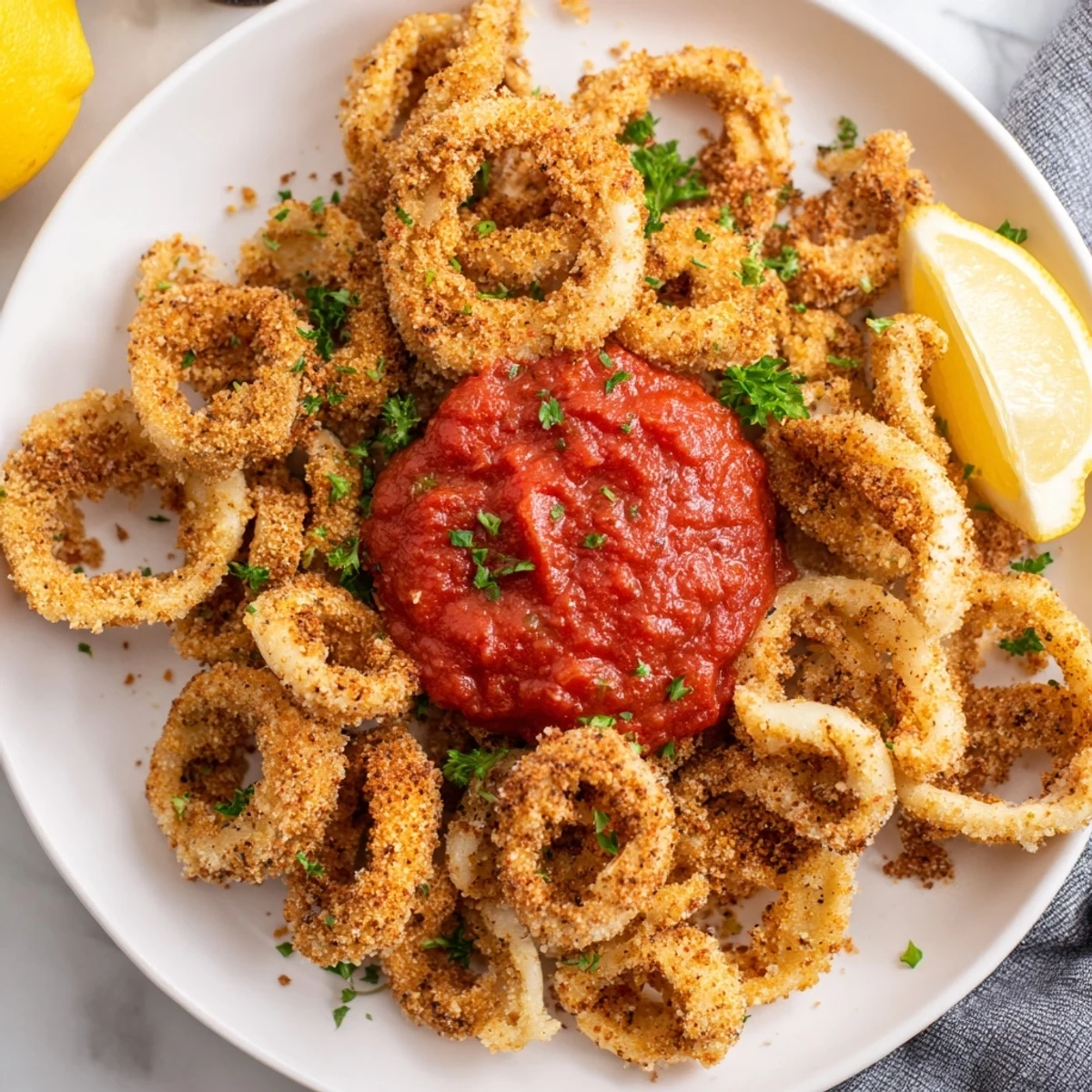 A close-up of Big Game Crispy Calamari with Marinara, showing crunchy battered seafood and a rich, zesty dipping sauce for game day.