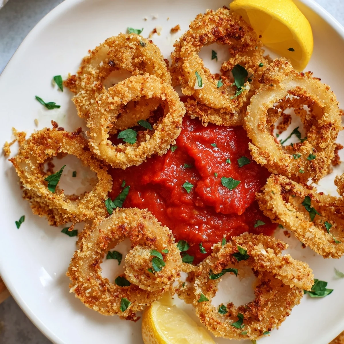 Golden crispy calamari rings piled high next to a bowl of red marinara sauce and fresh lemon wedges on a rustic wooden table.