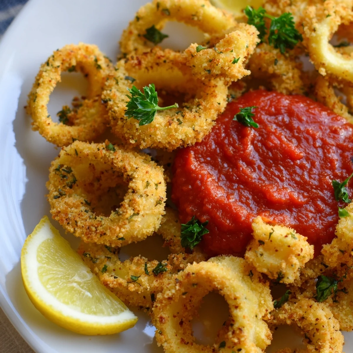 Fried calamari appetizer with marinara, served on a platter for sharing at parties, garnished with parsley and bright lemon wedges.