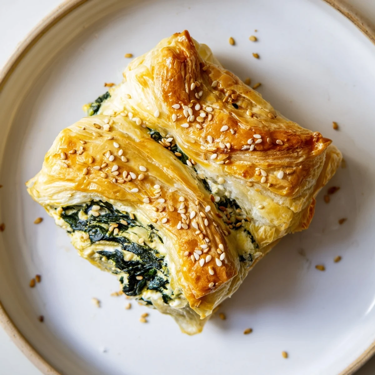 Six flaky, golden Green Spinach and Feta Puff Pastry parcels rest on a baking sheet, their egg-washed tops glossy and studded with sesame seeds, ready for brunch.