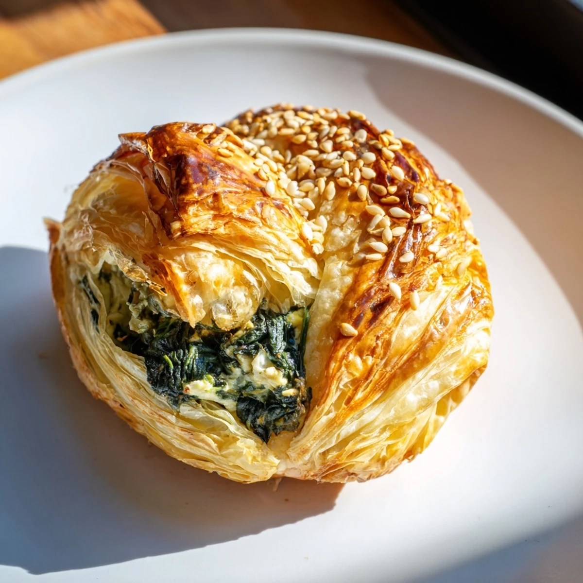 A close-up reveals the tender, flaky layers of Green Spinach and Feta Puff Pastry, with vibrant greens and creamy feta peeking from a neatly folded edge.