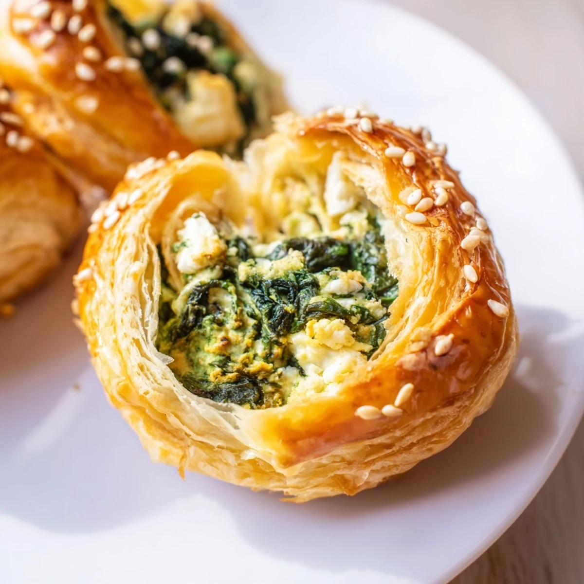 Golden, puffed Green Spinach and Feta Puff Pastry rectangles are arranged on parchment, dusted with sesame seeds, perfect for a Mediterranean-inspired appetizer or light lunch.