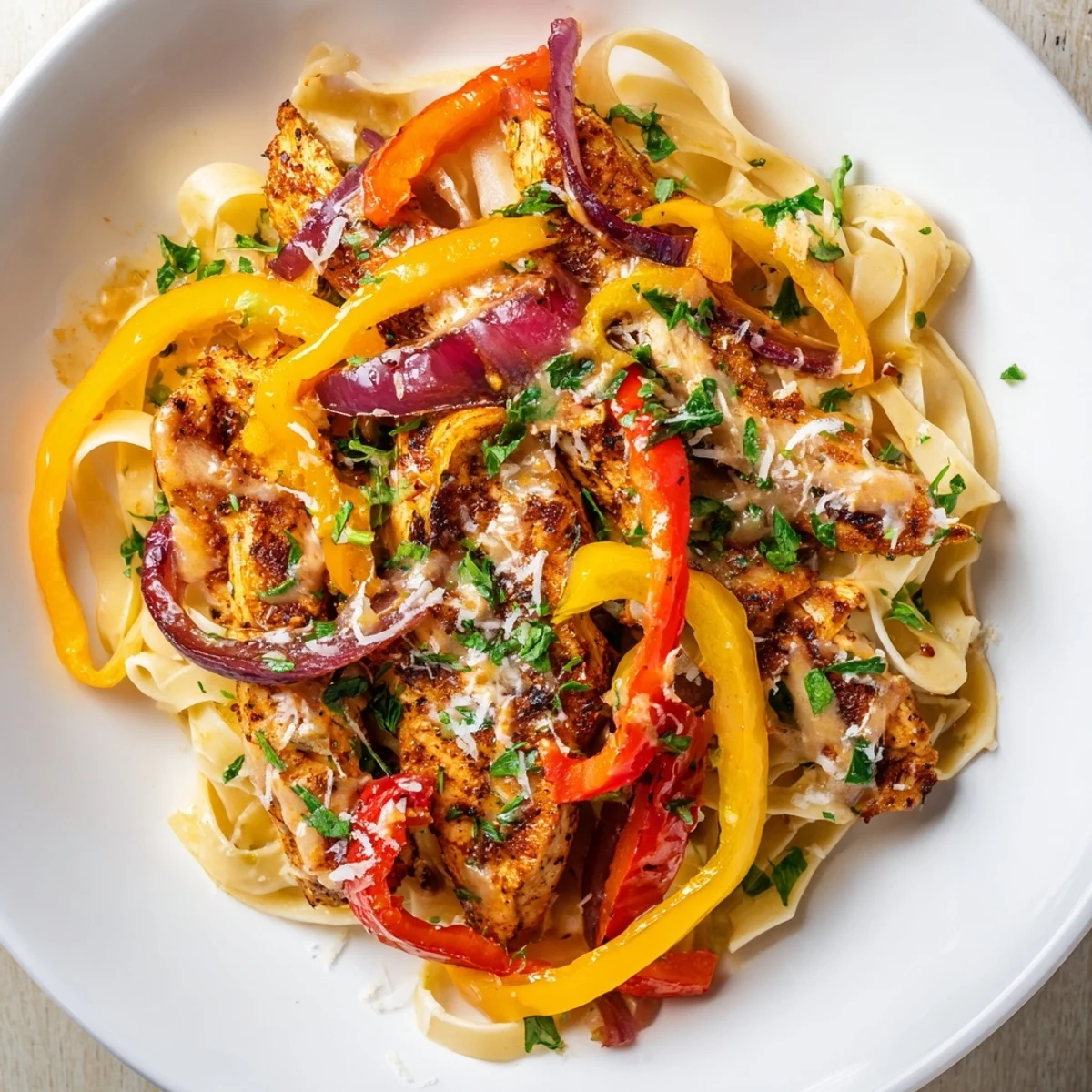 A close-up of Cajun Chicken Pasta with vibrant bell peppers and fresh parsley garnish on a rustic wooden table.