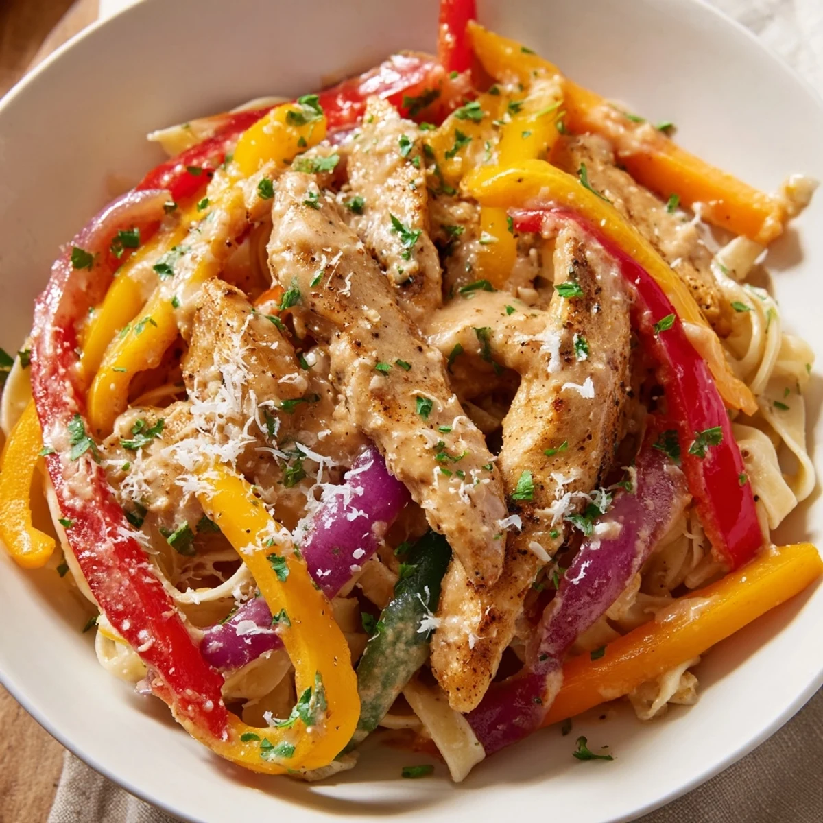Creamy Cajun Chicken Pasta with bell peppers piled high on a fork, showcasing tender chicken strips and colorful vegetables.