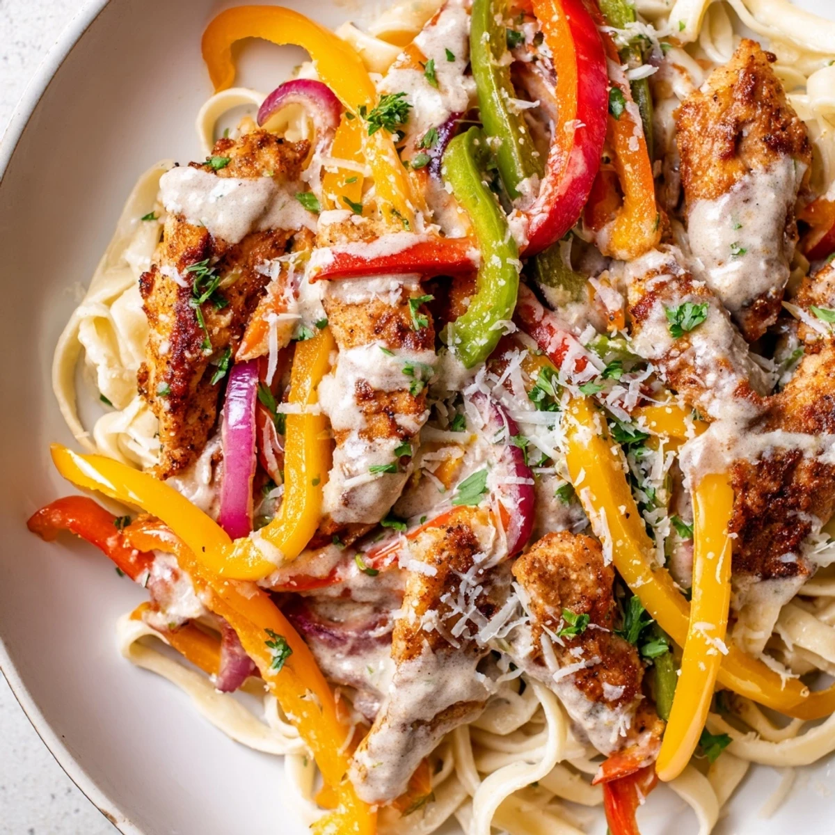 Spicy Cajun Chicken Pasta tossed with fettuccine and colorful bell peppers, served hot in a skillet for a family-style meal.
