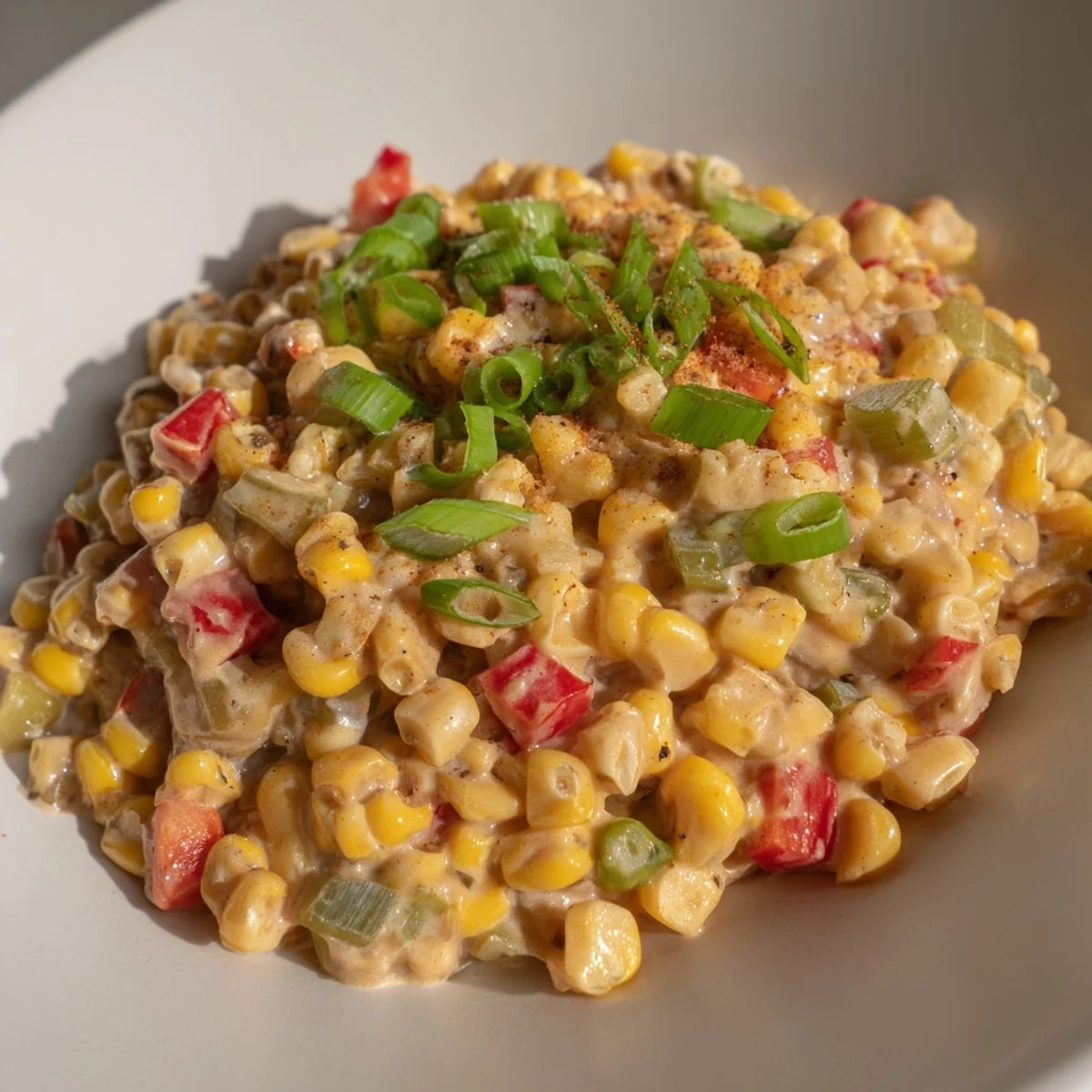 Golden Mardi Gras Maque Choux corn dish simmering in a skillet with creamy sauce.