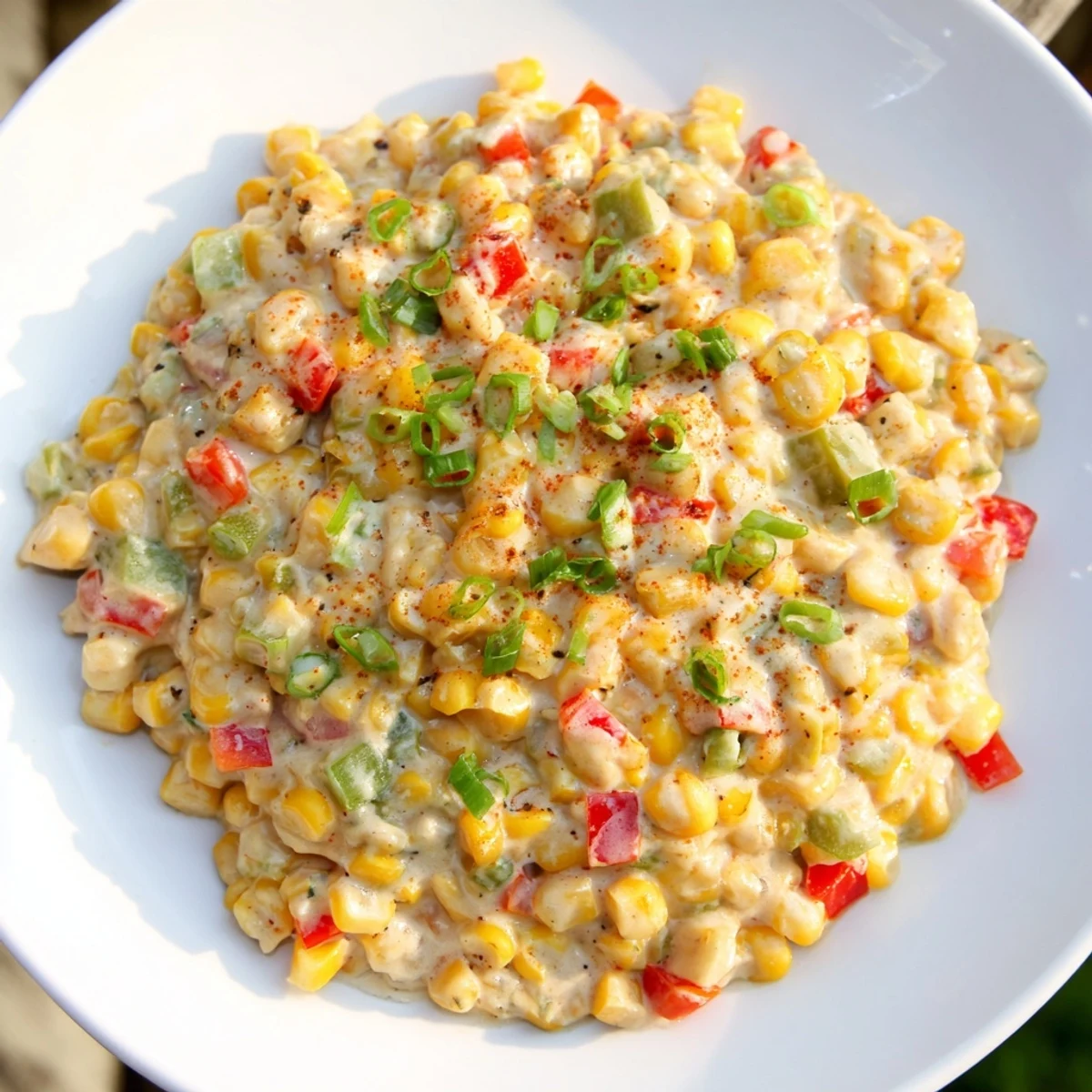 Close-up of Mardi Gras Maque Choux featuring colorful peppers and sweet corn kernels.