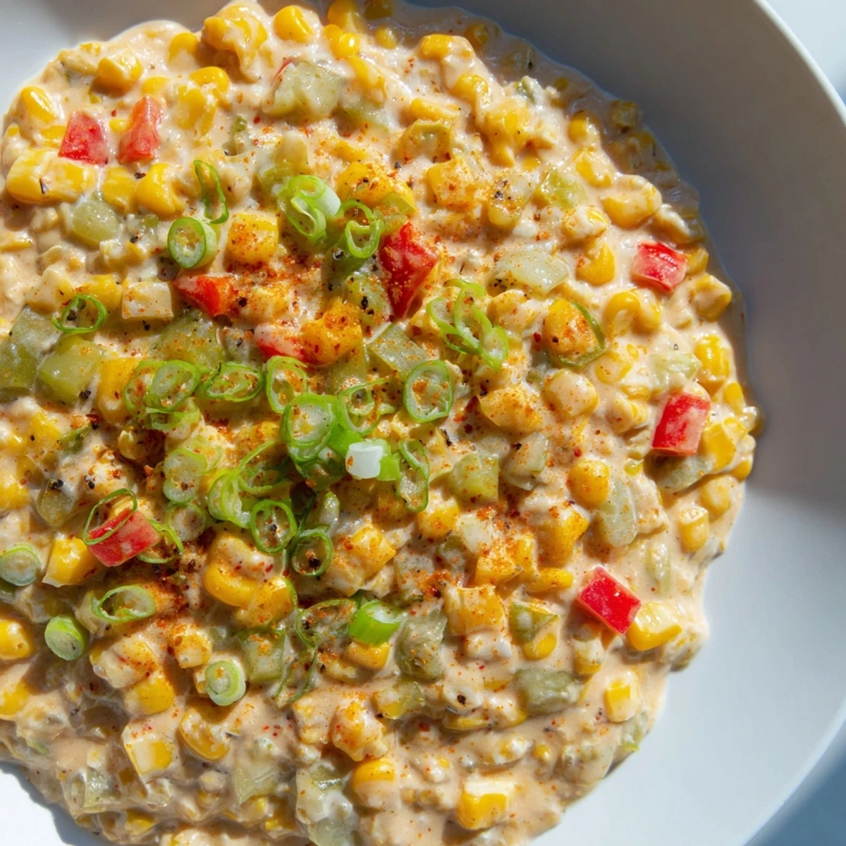 A serving of Cajun Maque Choux in a white bowl, garnished with green onions.