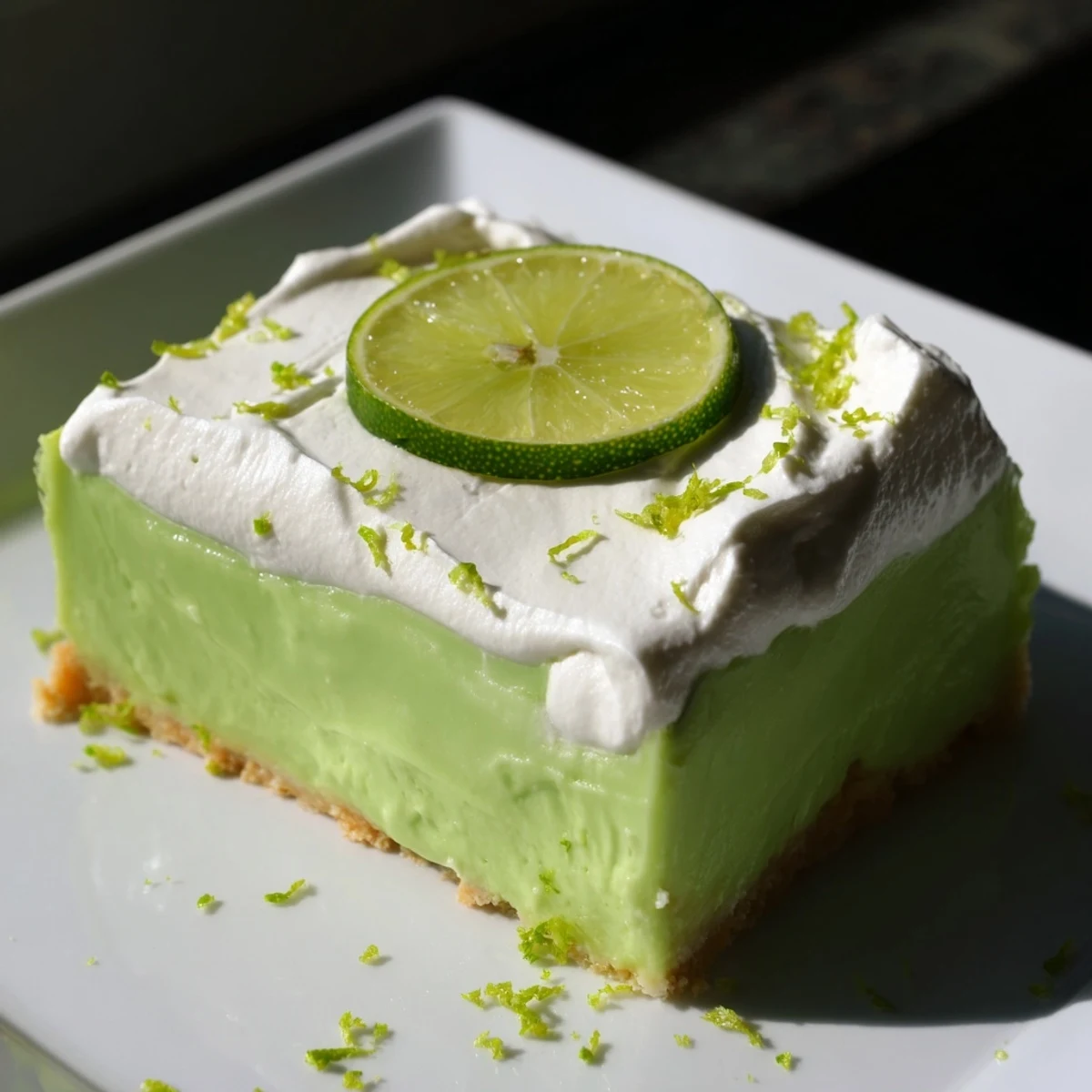 Creamy St. Patrick’s Day Key Lime Pie Bars with a vibrant green filling sit on a white plate, garnished with fresh lime zest and a dollop of whipped cream.