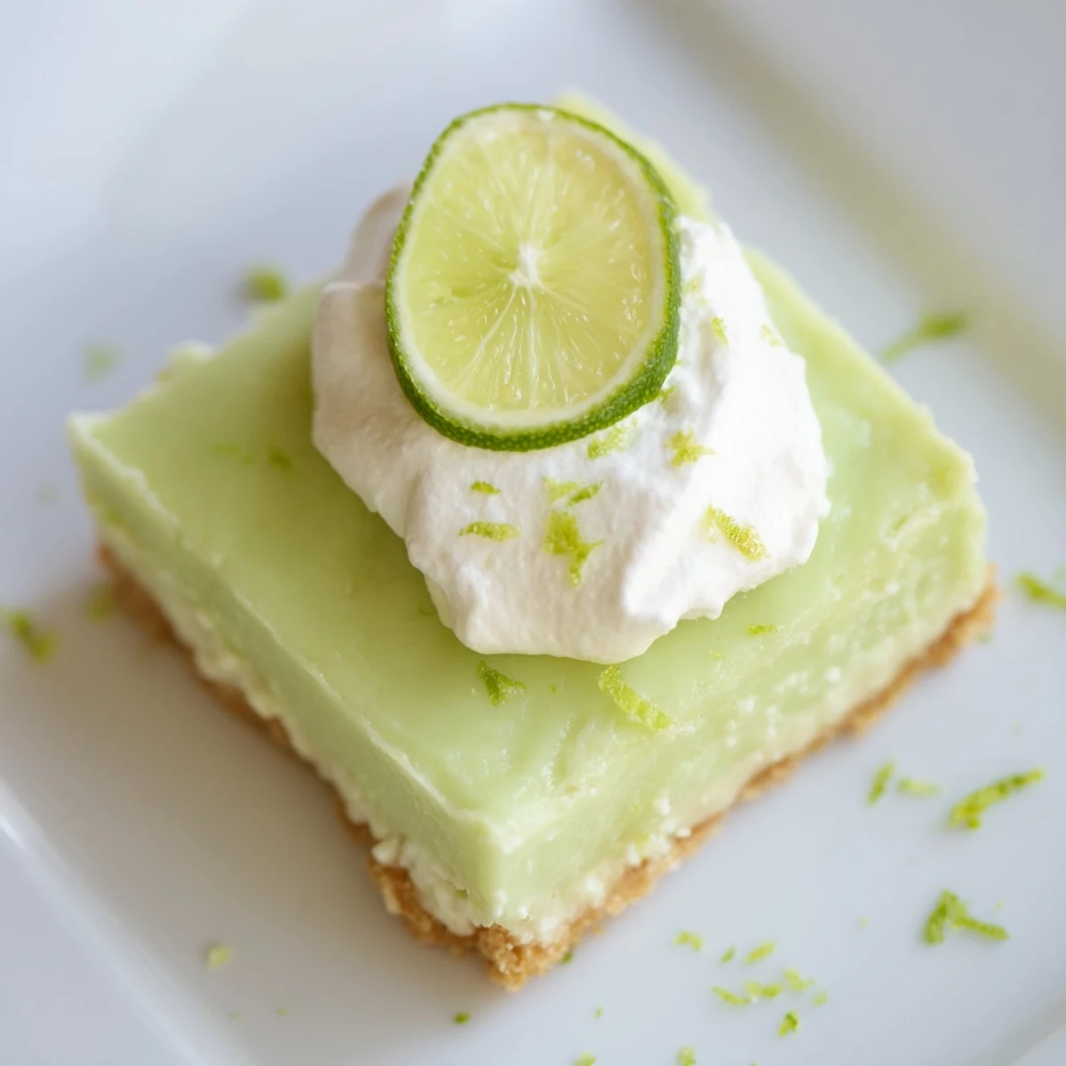 Overhead view of chilled St. Patrick’s Day Key Lime Pie Bars showcasing the buttery graham cracker crust, tangy lime filling, and fluffy whipped cream topping.