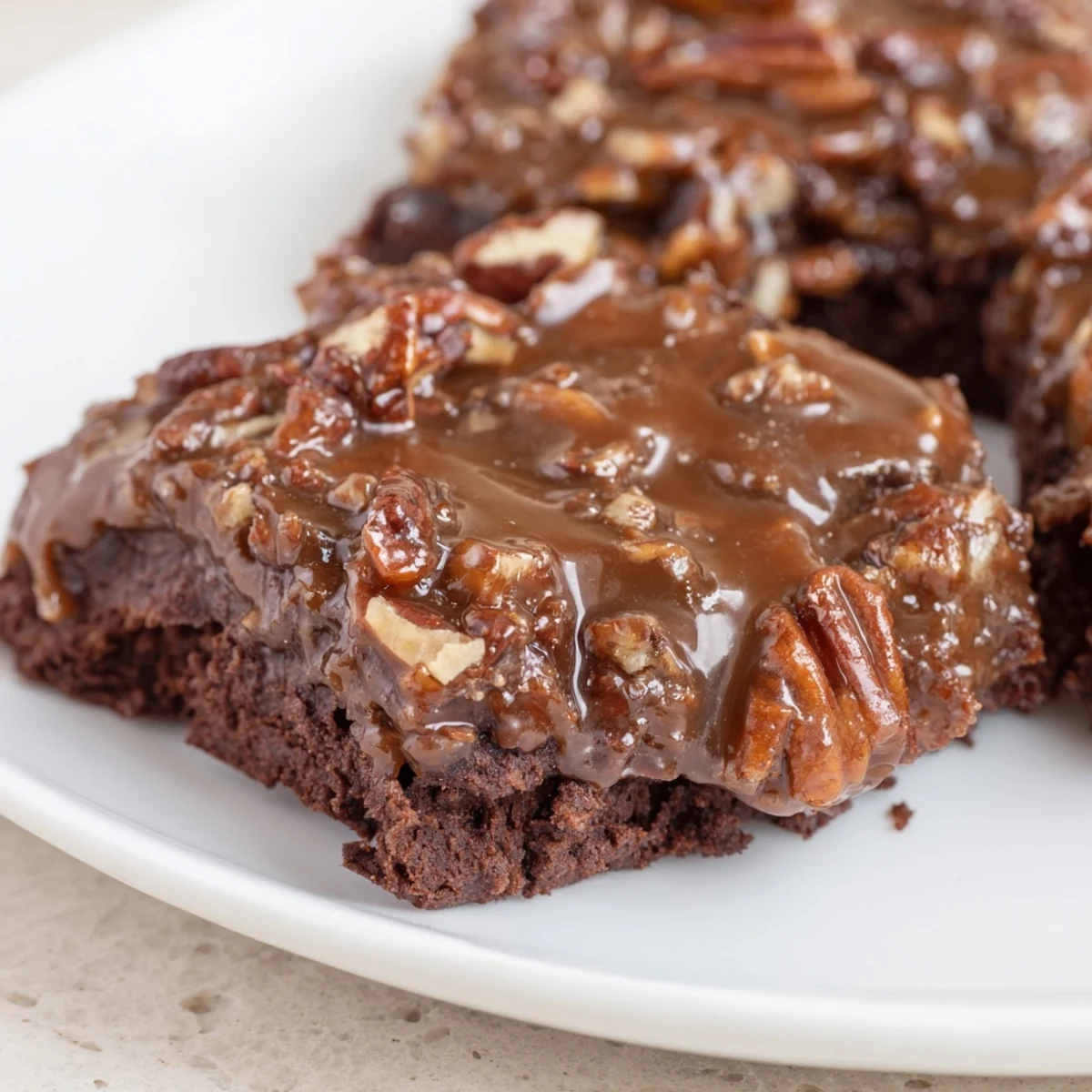 A close-up of New Orleans Praline Brownies with fudgy texture and a rich, pecan-studded topping.