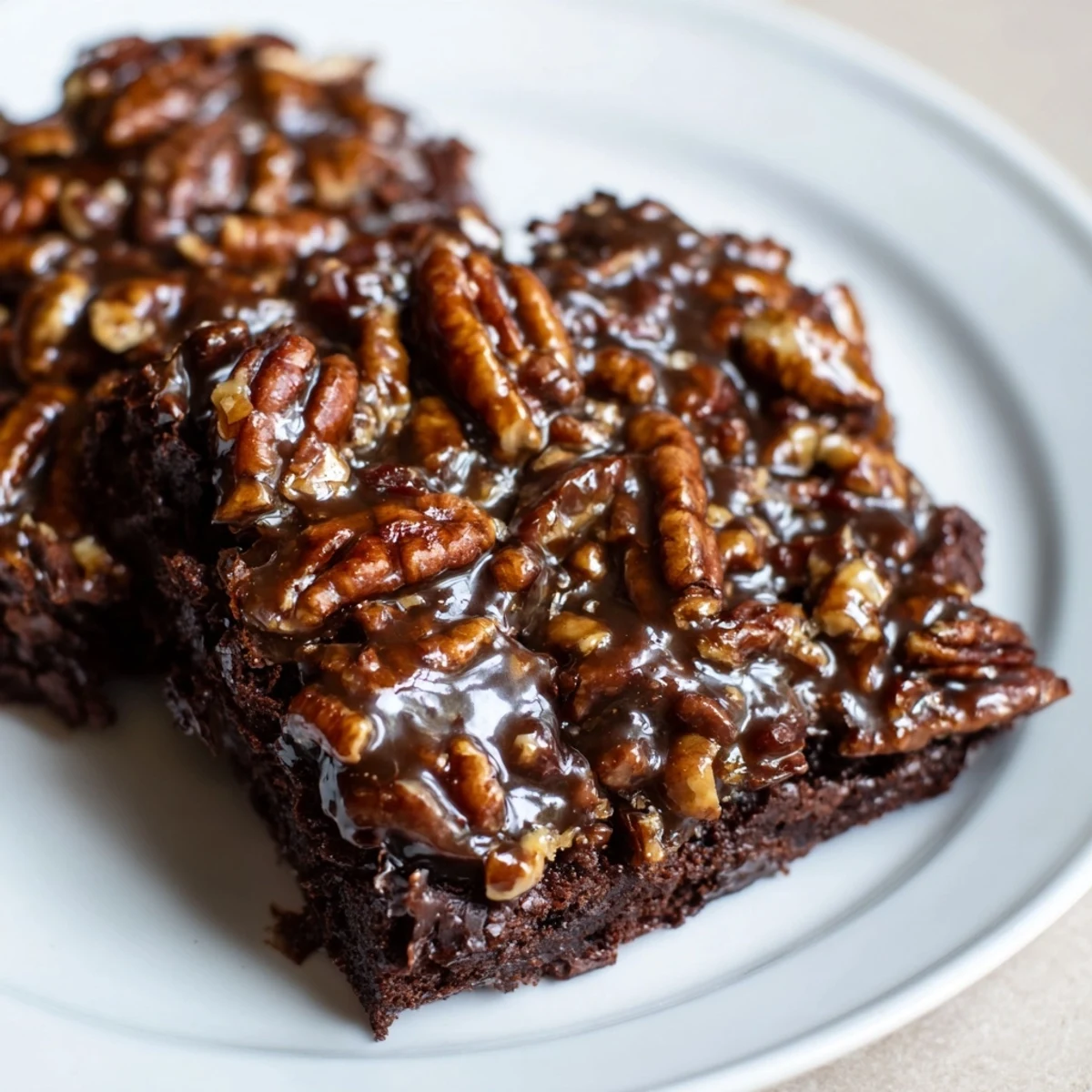 A batch of New Orleans Praline Brownies cut into squares, topped with gooey praline frosting and chopped pecans.