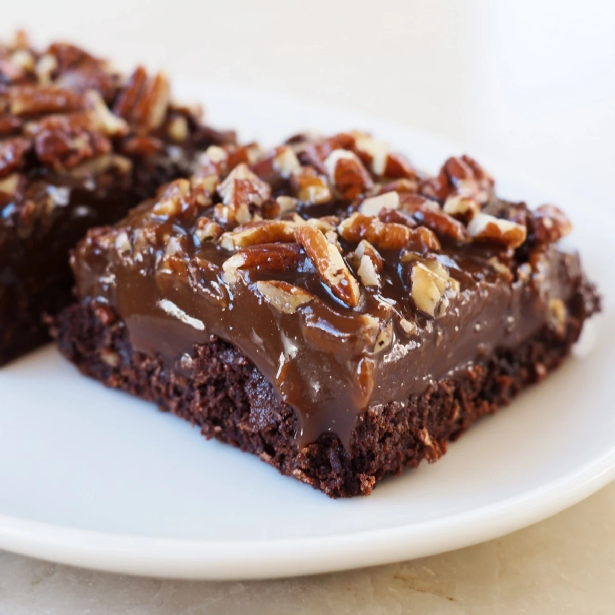 Golden-brown New Orleans Praline Brownies served on a white plate, showcasing a thick, buttery praline layer.