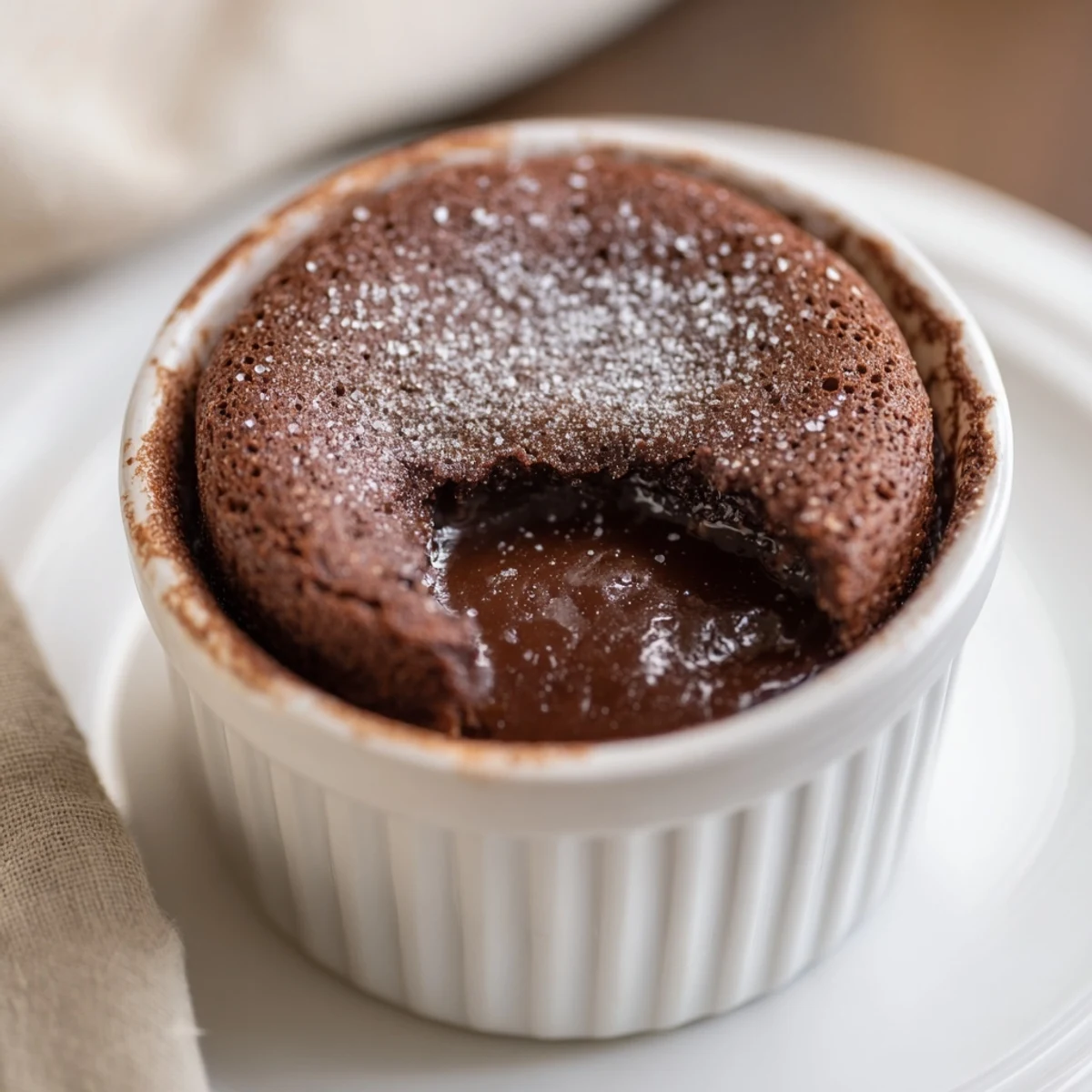 A freshly baked Romantic Chocolate Soufflé, golden and puffed high in a ramekin, releasing rich cocoa aromas for a special occasion dessert.  