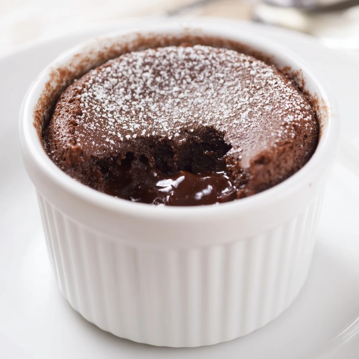 Close-up of a Romantic Chocolate Soufflé with a molten dark chocolate center and dusted powdered sugar, served with a dollop of whipped cream.  