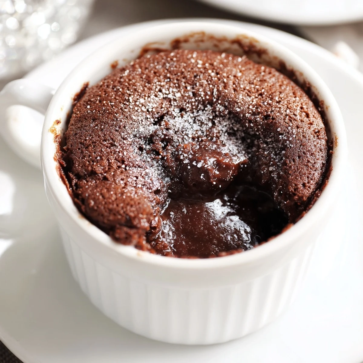 The perfect Romantic Chocolate Soufflé rising tall with a tender crust, ideal for sharing on a romantic evening or dinner date.