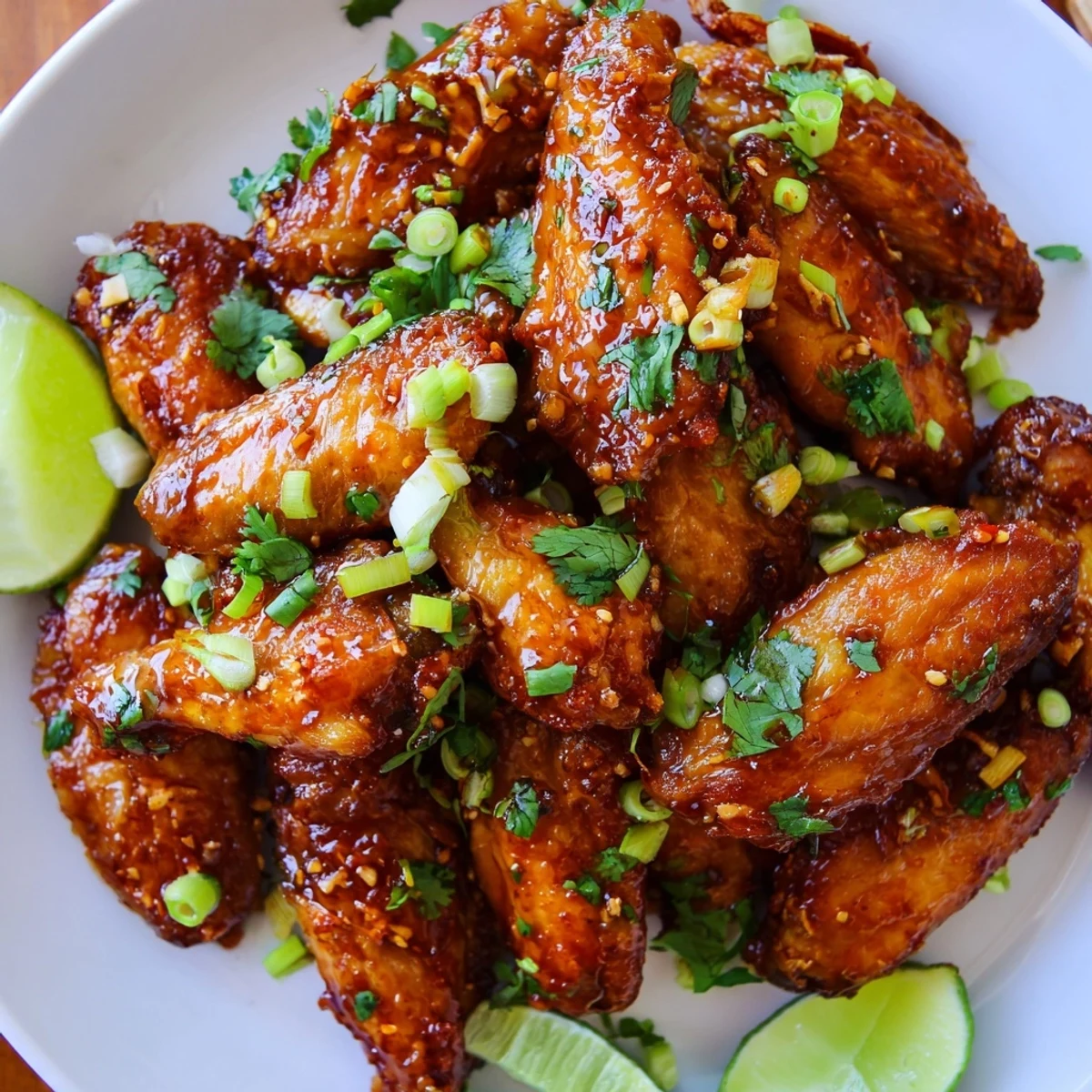 Golden-baked Super Bowl Spicy Sriracha Wings glisten with a bold glaze, garnished with cilantro and lime wedges on a platter.