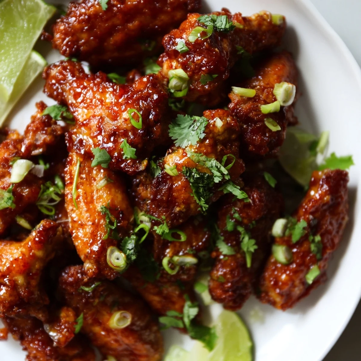 A close-up shows crispy, juicy Super Bowl Spicy Sriracha Wings tossed in a fiery glaze, ready for game day dipping.