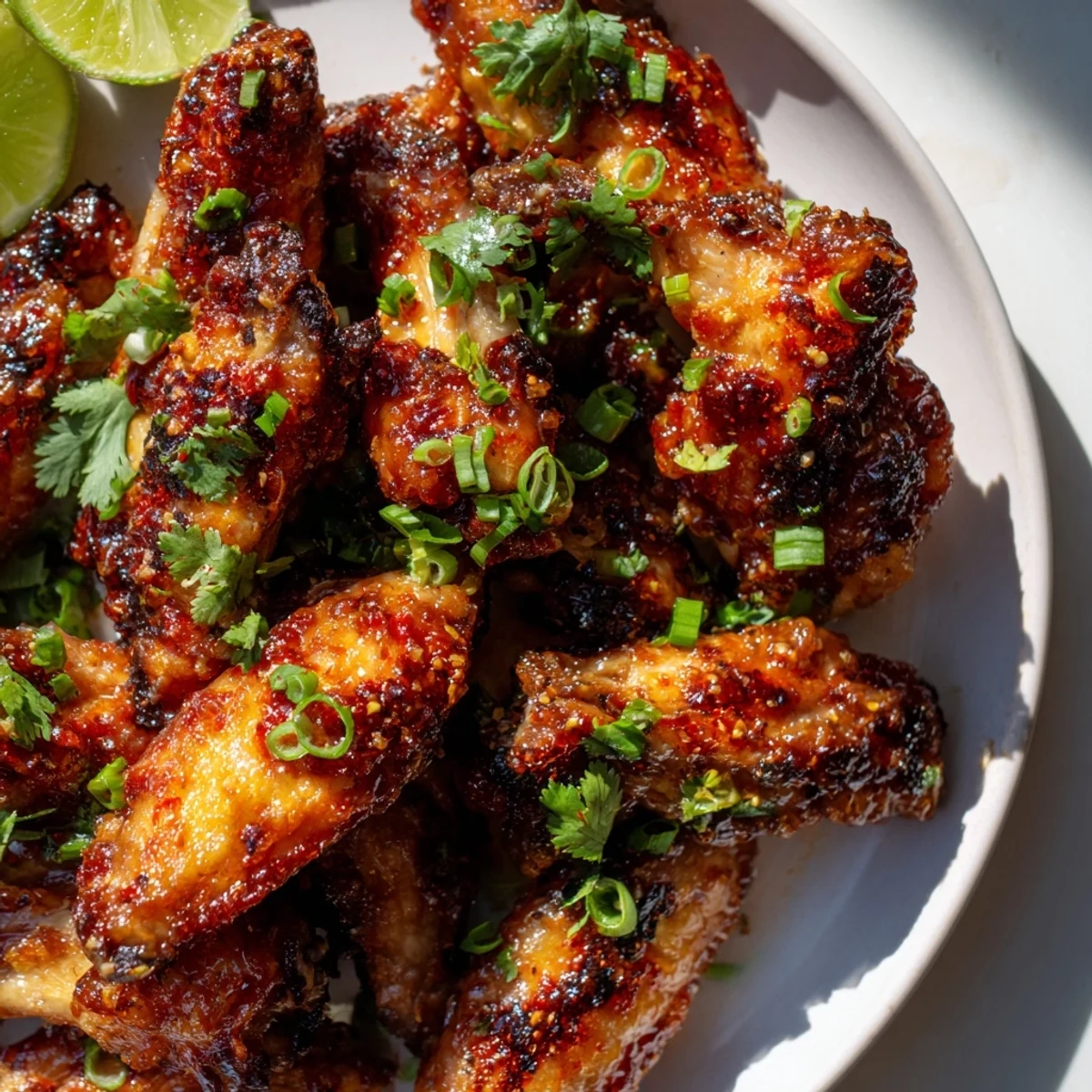 Fresh cilantro and green onions top the glazed Super Bowl Spicy Sriracha Wings, served alongside ranch dip for a classic snack.