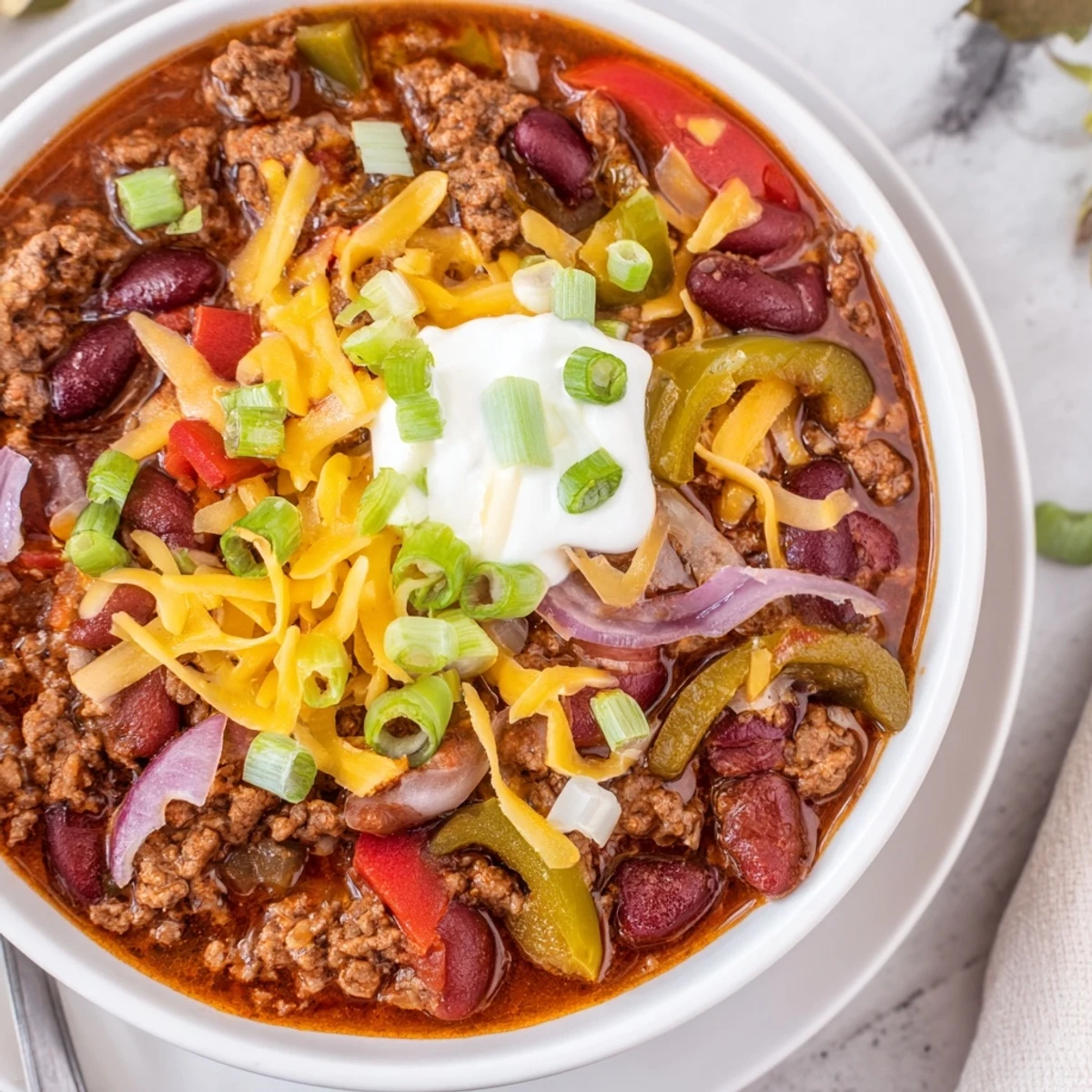 Golden melted sharp cheddar blankets a hearty bowl of Championship Spicy Beef Chili, with tender beef chunks, kidney beans, and diced red onion peeking through the robust, deep-red sauce.