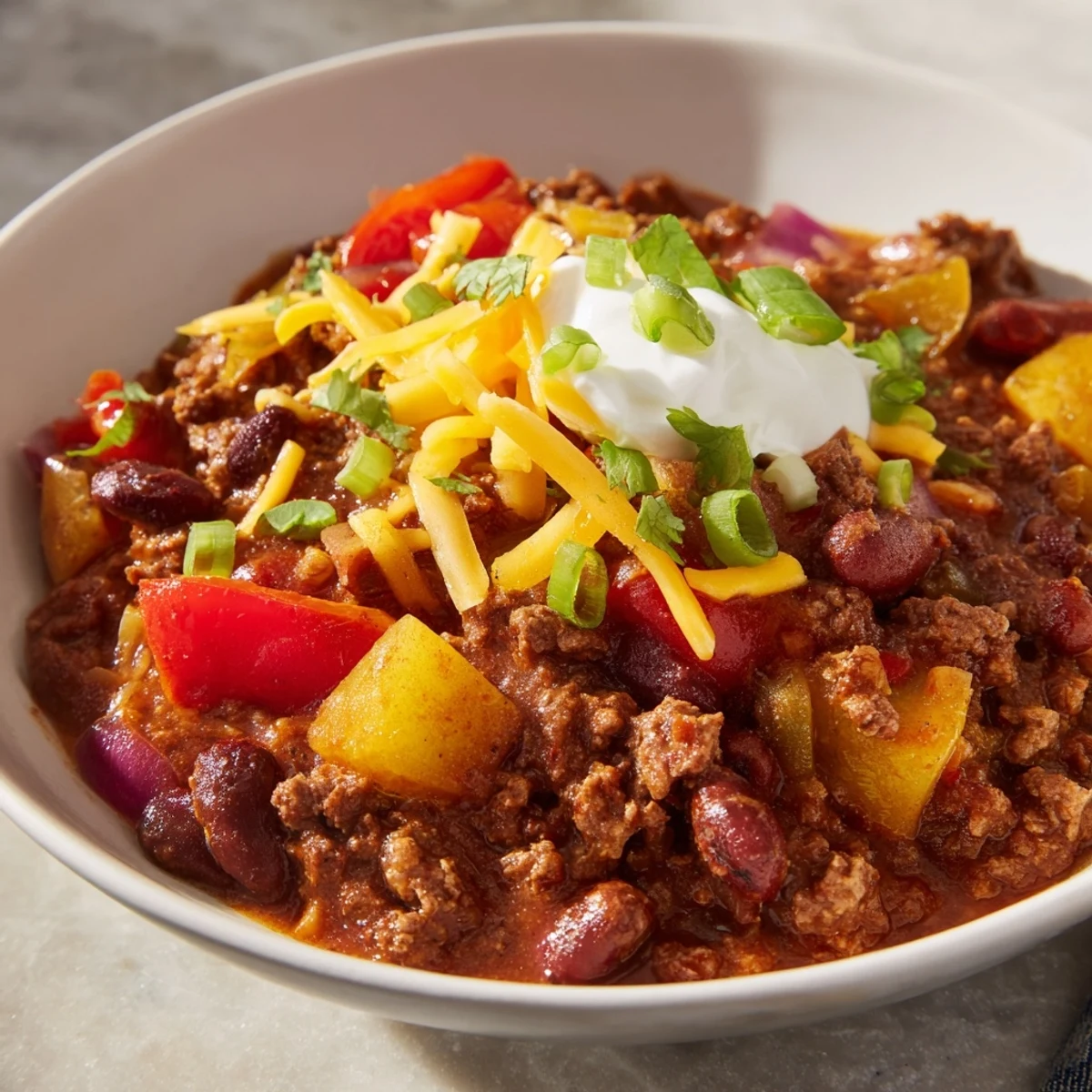 A spoonful of Championship Spicy Beef Chili showcases the rich, thick texture, flecked with spices and bits of jalapeño, served steamy and bubbling from the pot.