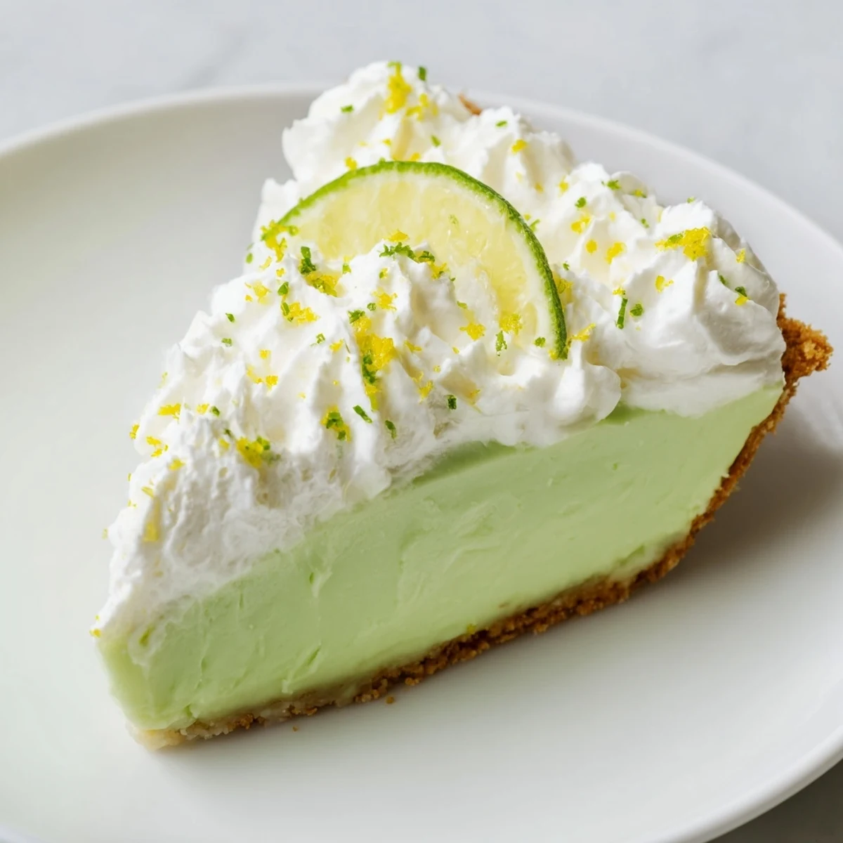 Freshly baked green key lime pie with whipped cream, chilled and ready to slice on a sunny summer table.  