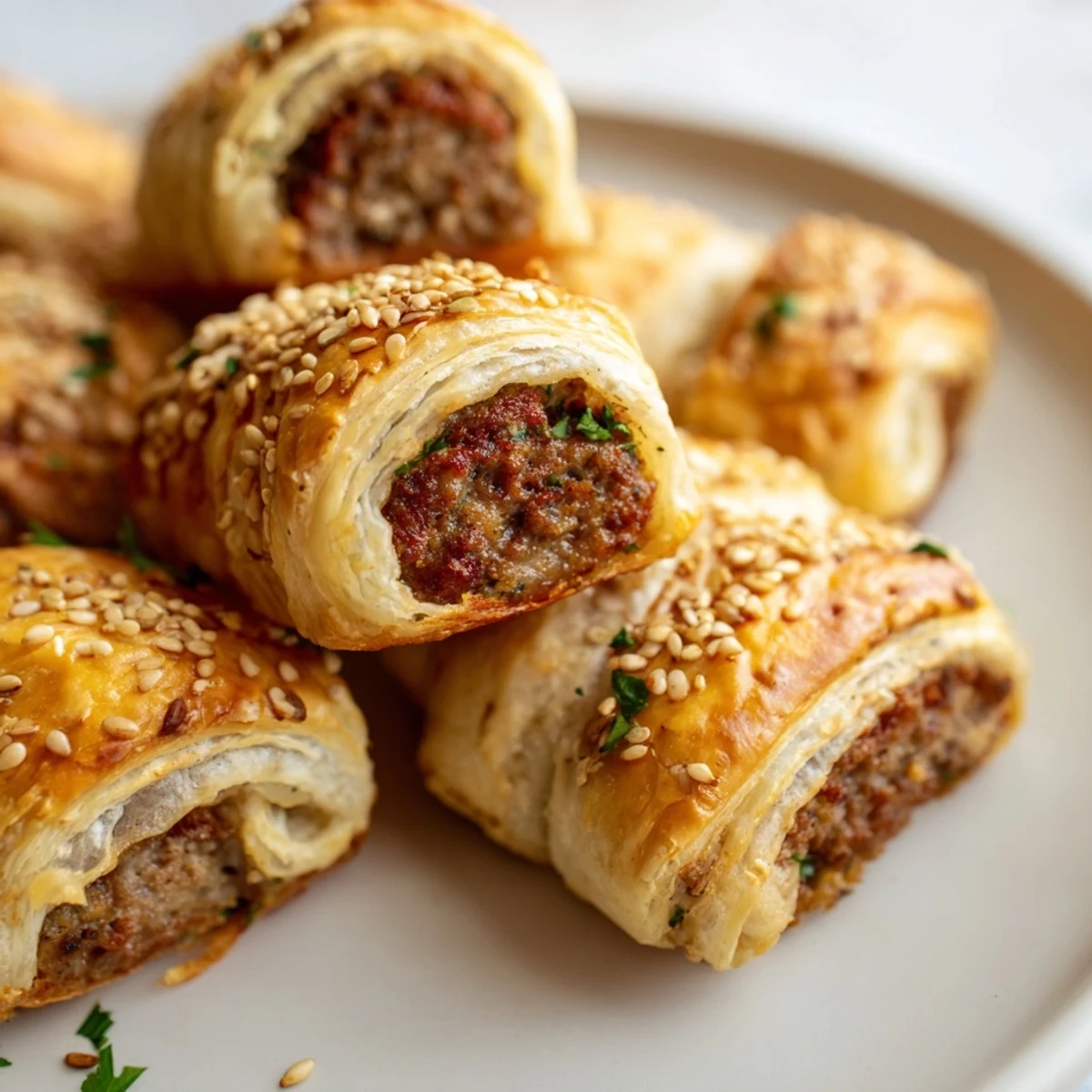 Golden, flaky Game Day Sausage Rolls filled with juicy beef sausage and herbs, served warm on a platter.